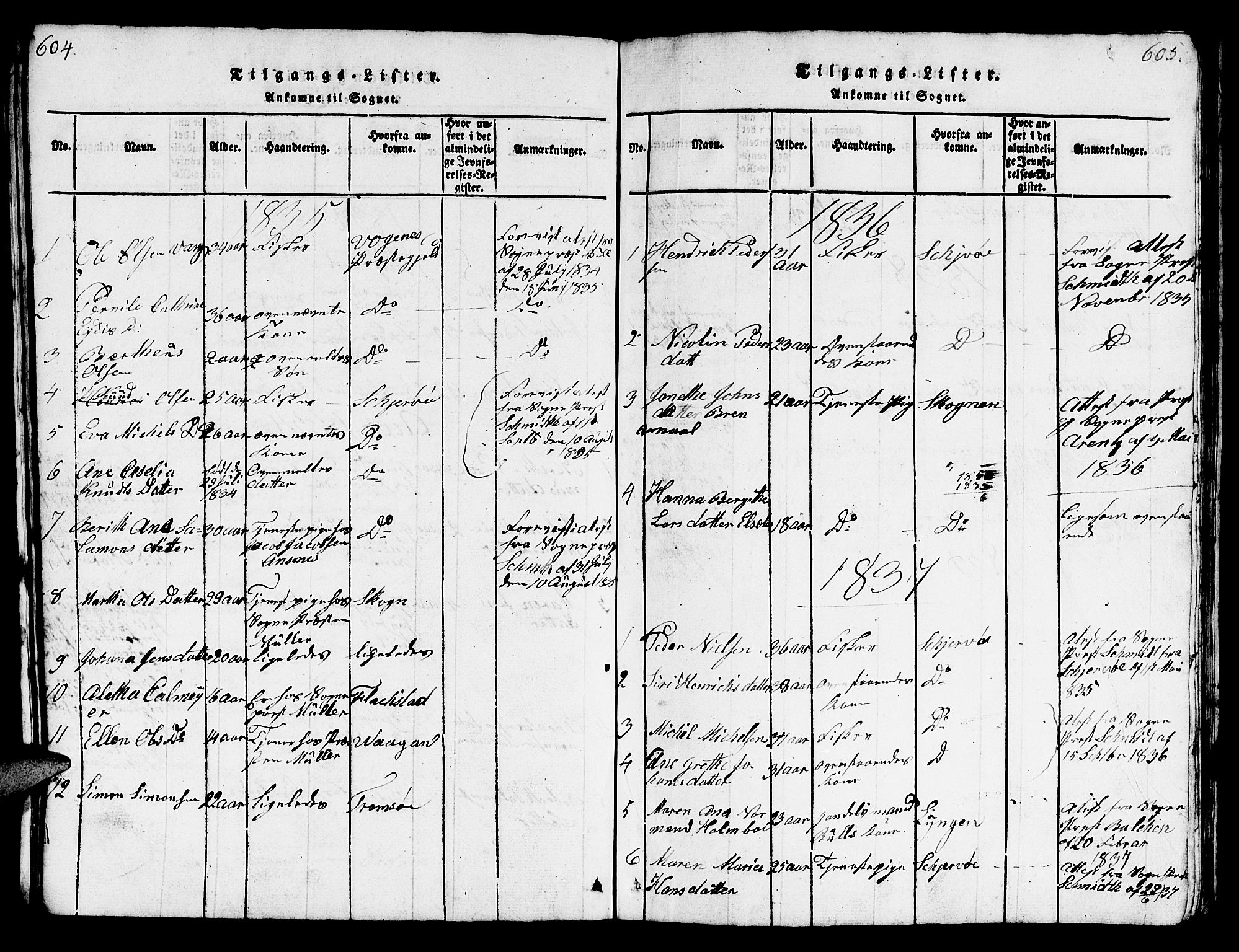 Loppa sokneprestkontor, SATØ/S-1339/H/Hb/L0001klokker: Parish register (copy) no. 1, 1820-1849, p. 604-605