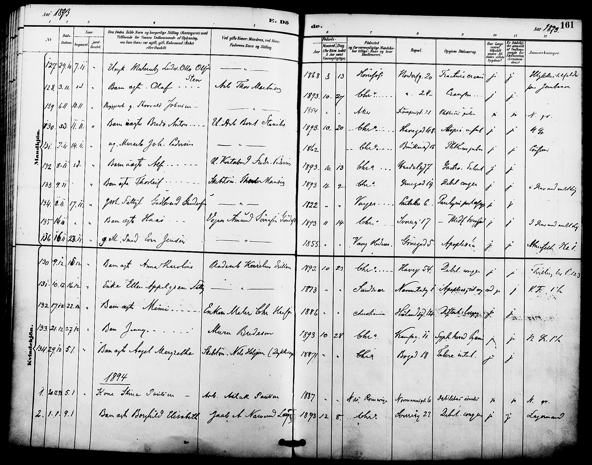 Kampen prestekontor Kirkebøker, AV/SAO-A-10853/F/Fa/L0008: Parish register (official) no. I 8, 1892-1902, p. 161