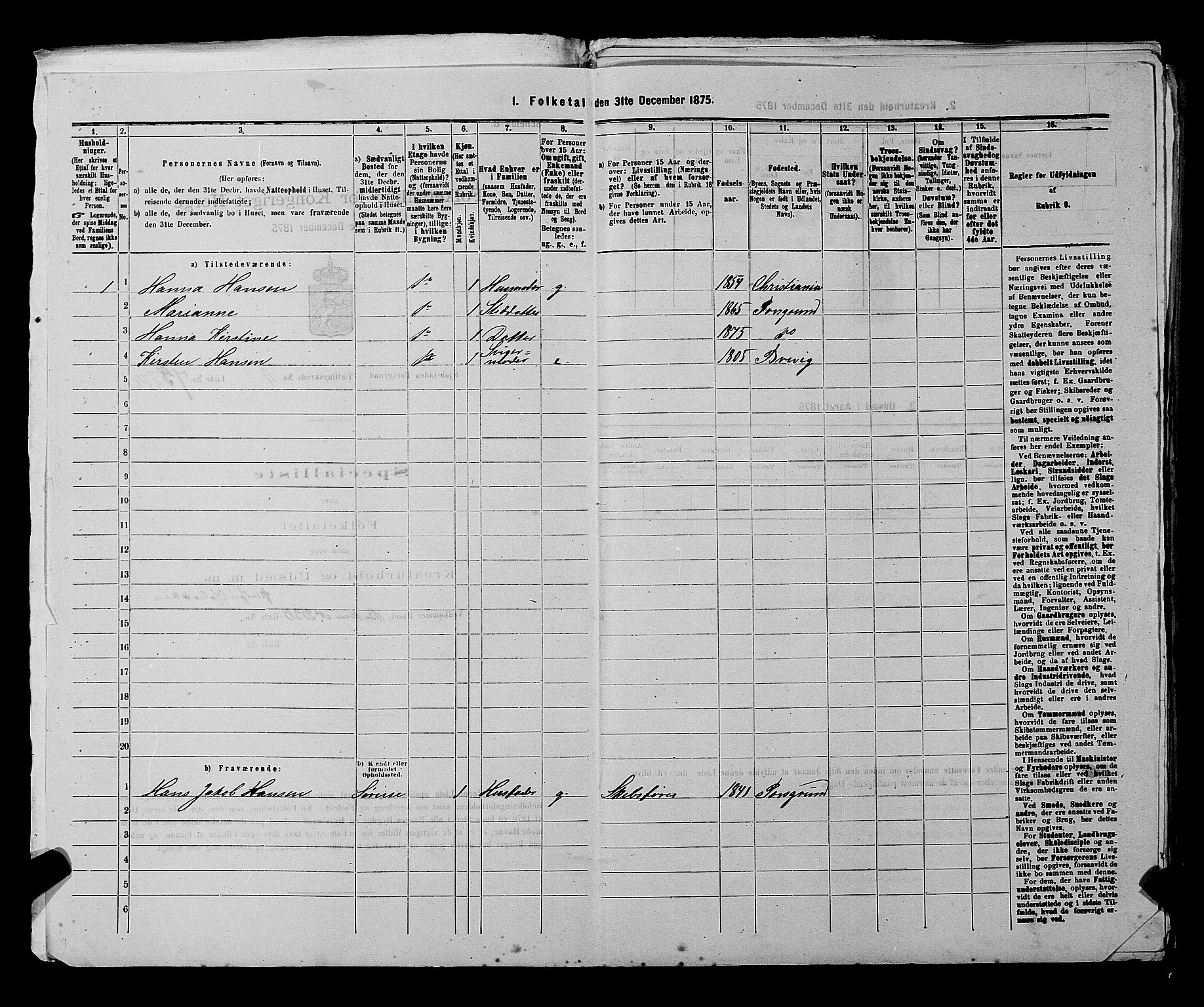 SAKO, 1875 census for 0805P Porsgrunn, 1875, p. 189