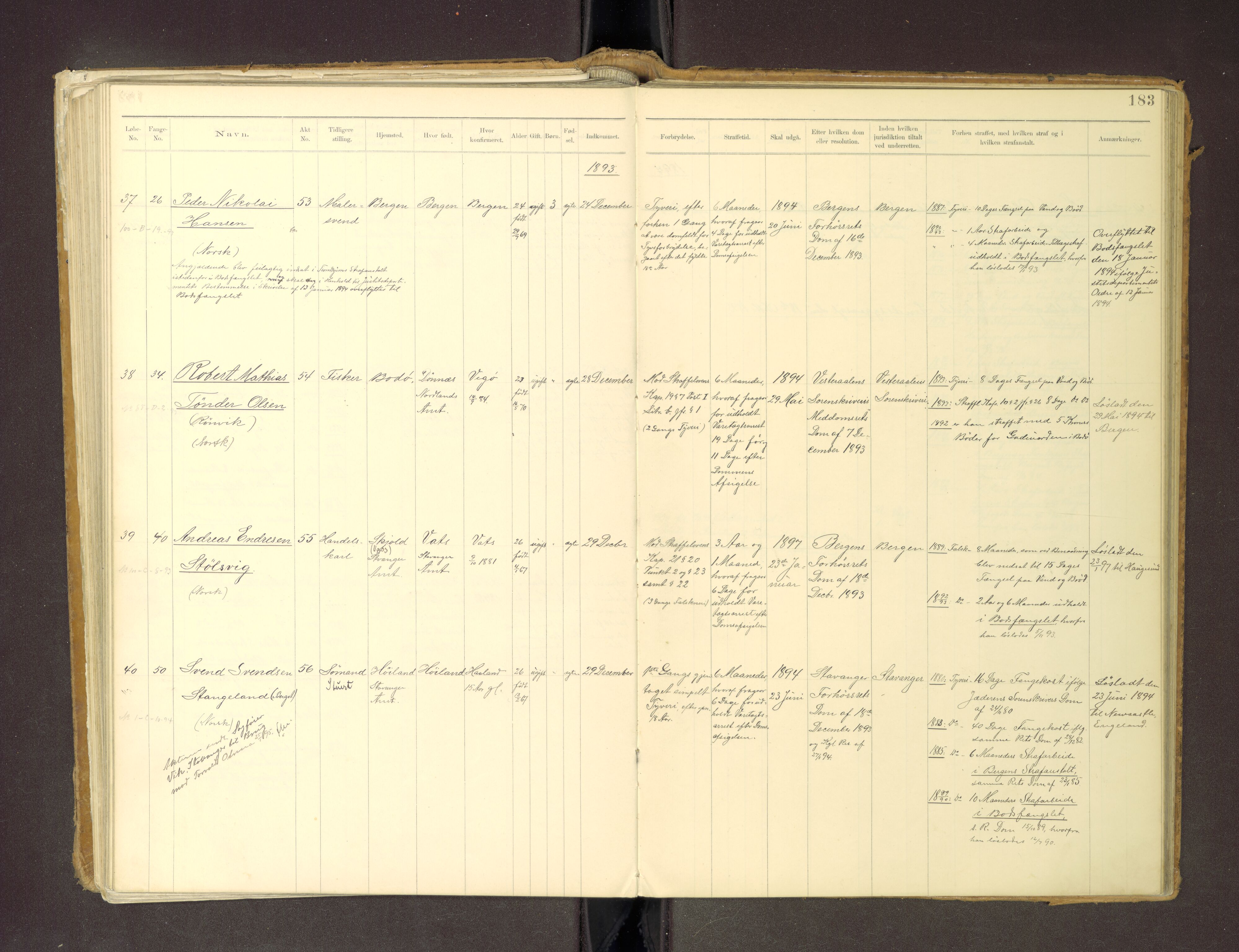 Trondheim tukthus, SAT/A-4619/05/65/L0036: 65.36 Fangeprotokoll m/reg, 1885-1898, p. 183