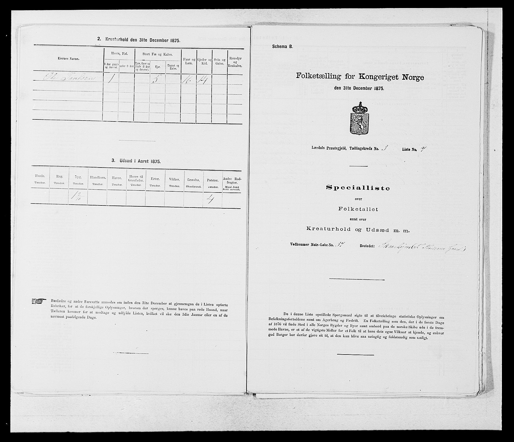 SAB, 1875 census for 1422P Lærdal, 1875, p. 1077