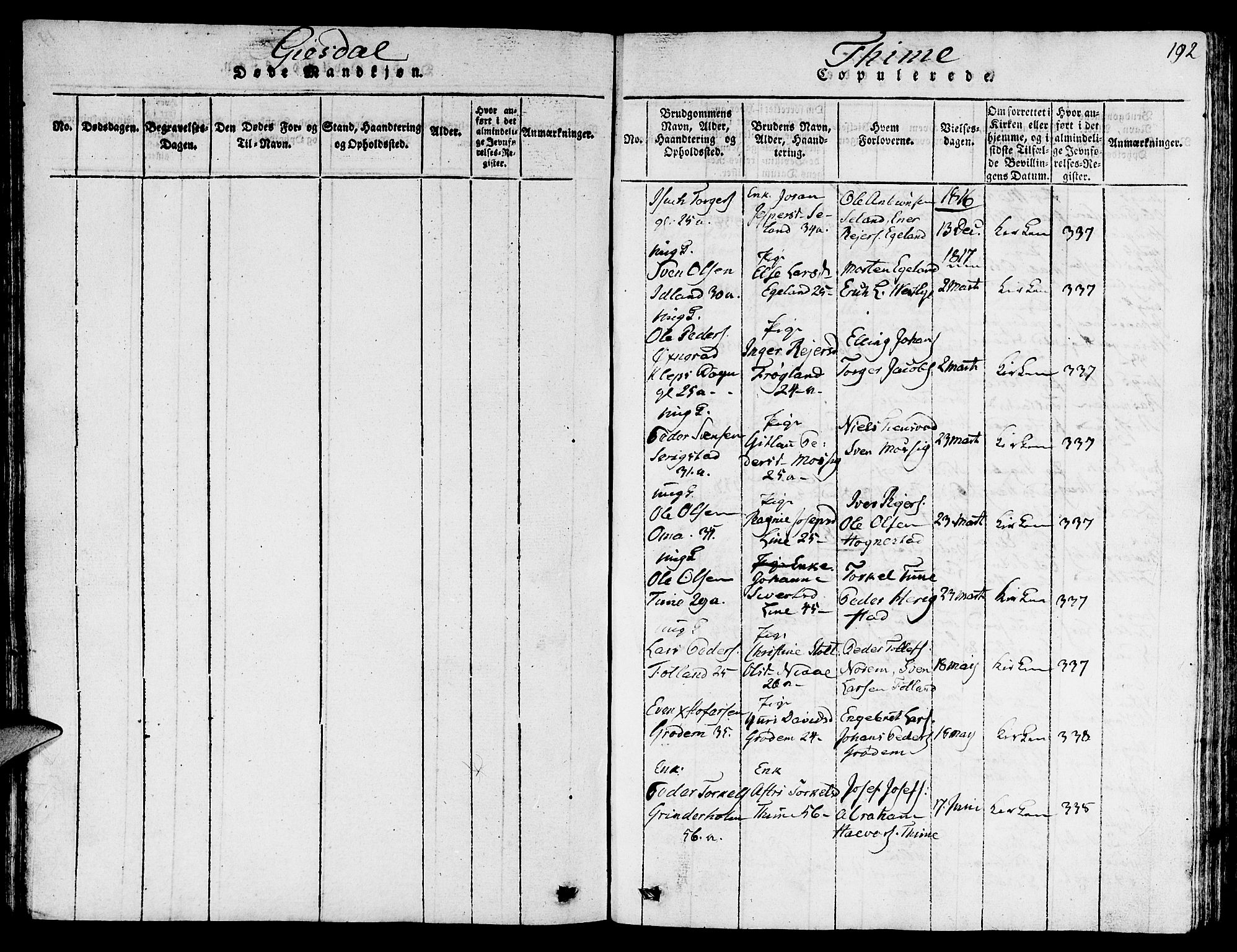 Lye sokneprestkontor, SAST/A-101794/001/30BB/L0001: Parish register (copy) no. B 1 /1, 1816-1826, p. 192