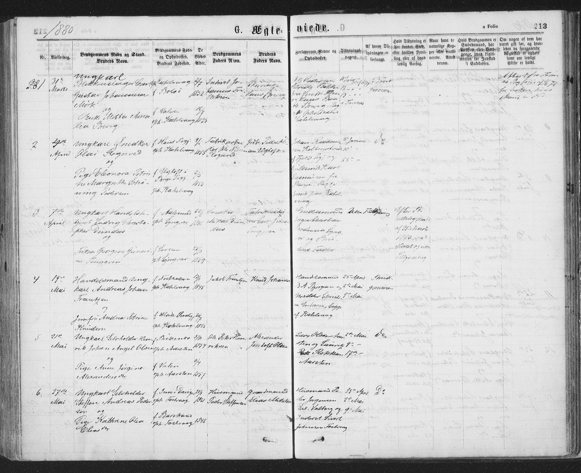 Ministerialprotokoller, klokkerbøker og fødselsregistre - Nordland, SAT/A-1459/874/L1058: Parish register (official) no. 874A02, 1878-1883, p. 213