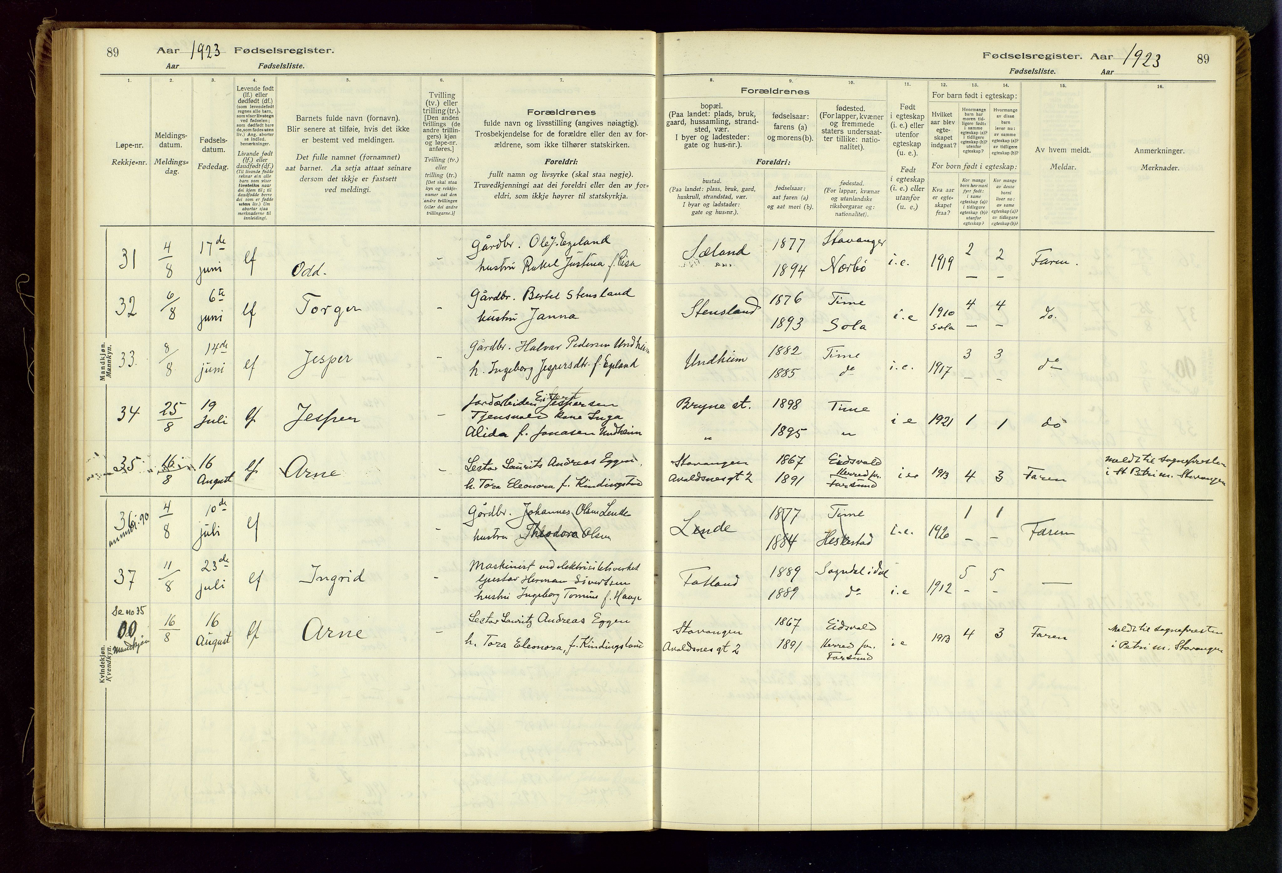 Time sokneprestkontor, AV/SAST-A-101795/001/704BA/L0001: Birth register no. 1, 1916-1934, p. 89