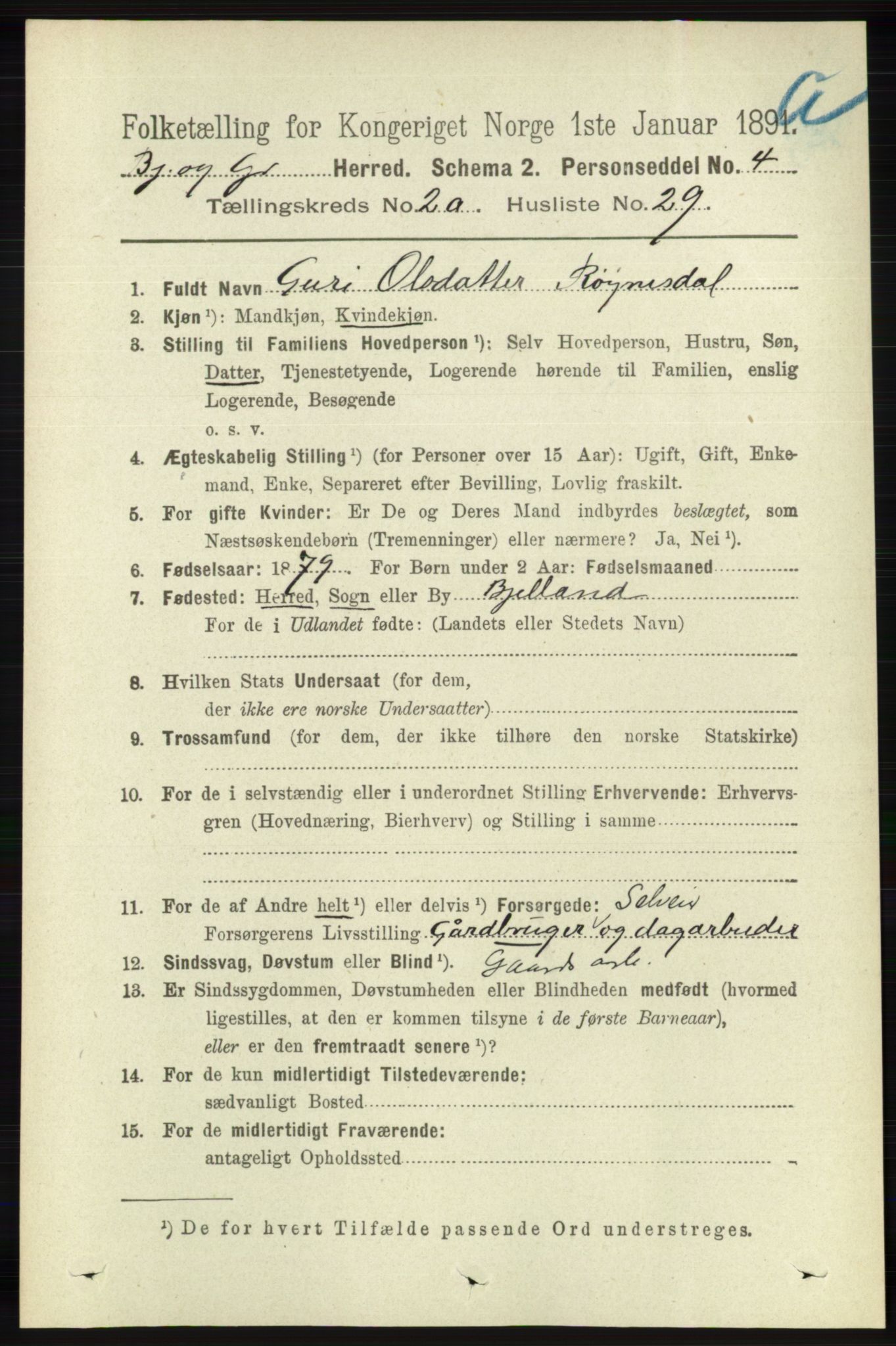RA, 1891 census for 1024 Bjelland og Grindheim, 1891, p. 1294