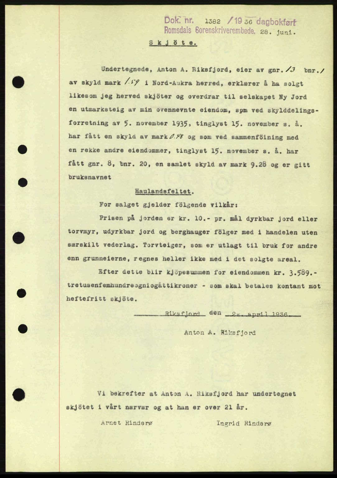 Romsdal sorenskriveri, AV/SAT-A-4149/1/2/2C: Mortgage book no. A1, 1936-1936, Diary no: : 1382/1936