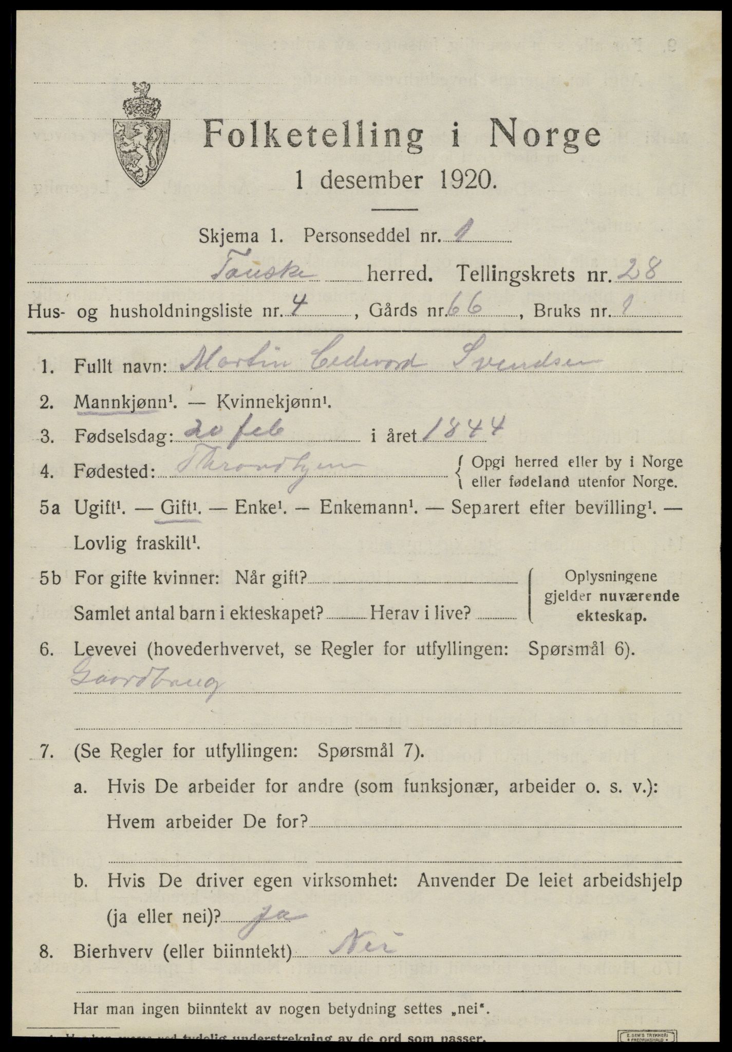 SAT, 1920 census for Fauske, 1920, p. 16998