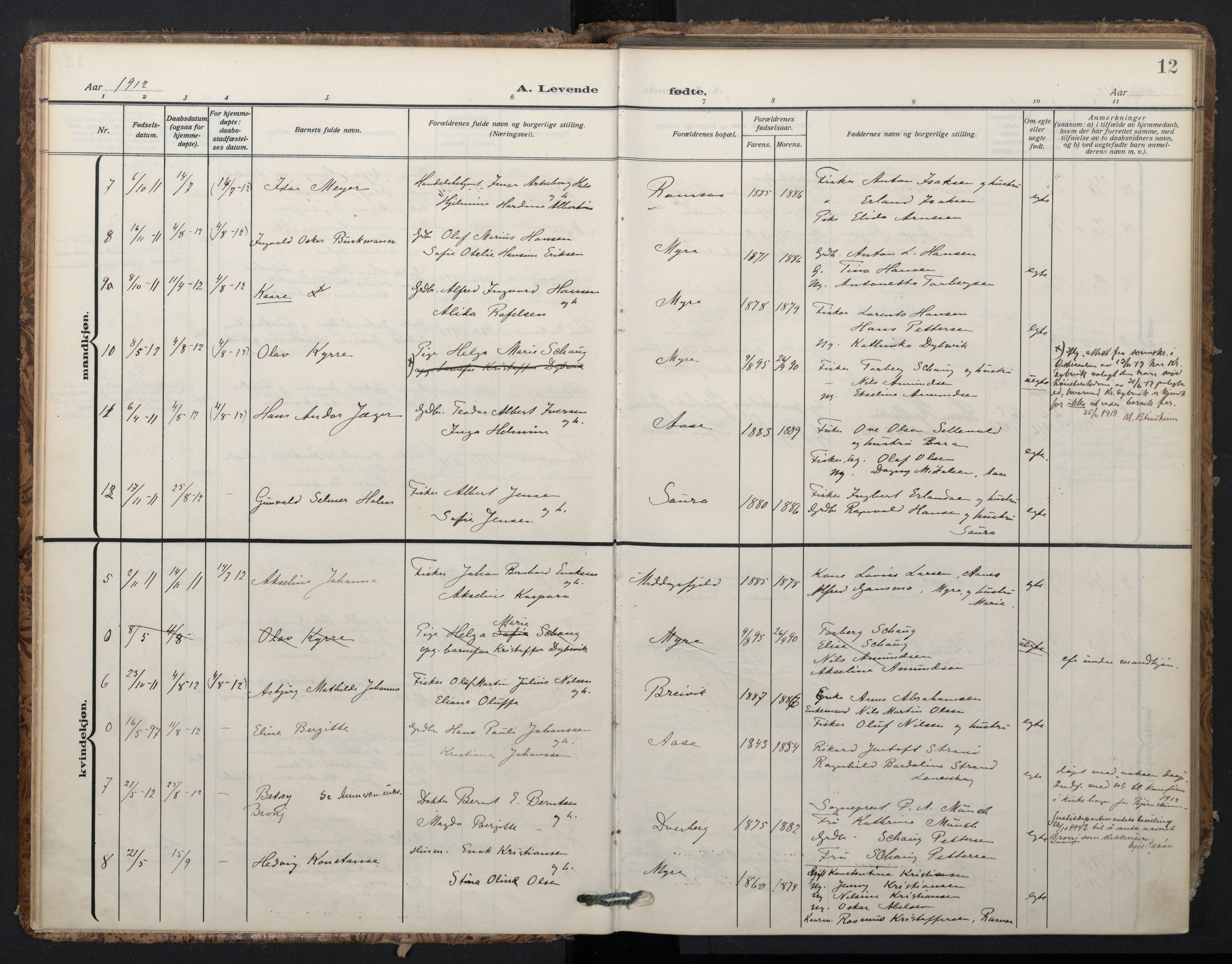 Ministerialprotokoller, klokkerbøker og fødselsregistre - Nordland, SAT/A-1459/897/L1401: Parish register (official) no. 897A08, 1909-1921, p. 12