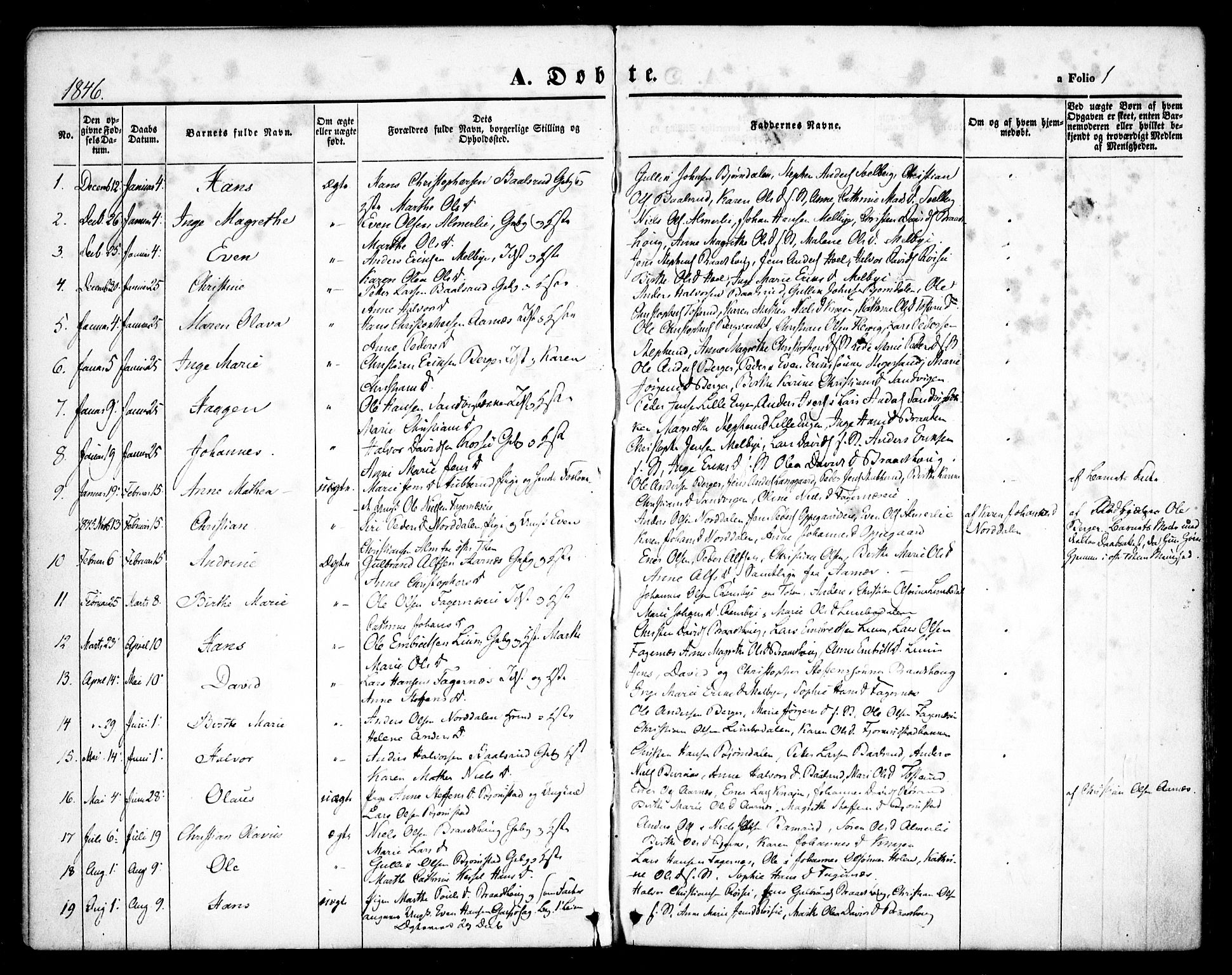 Hurdal prestekontor Kirkebøker, SAO/A-10889/F/Fb/L0001: Parish register (official) no. II 1, 1846-1859, p. 1
