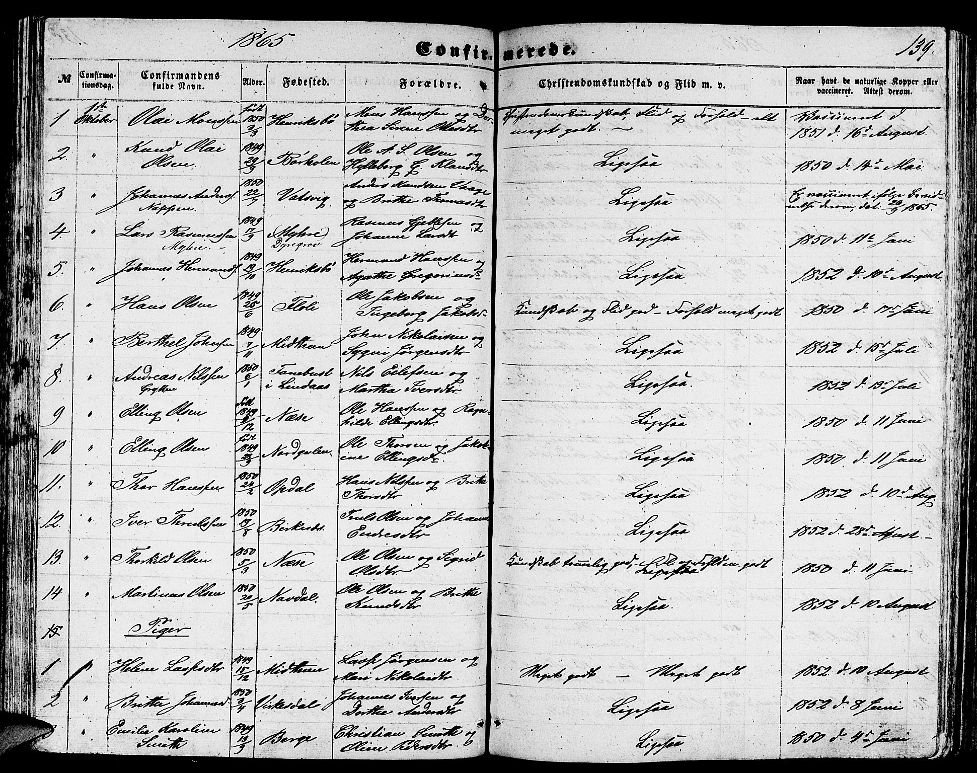 Gulen sokneprestembete, AV/SAB-A-80201/H/Hab/Habb/L0001: Parish register (copy) no. B 1, 1854-1866, p. 139