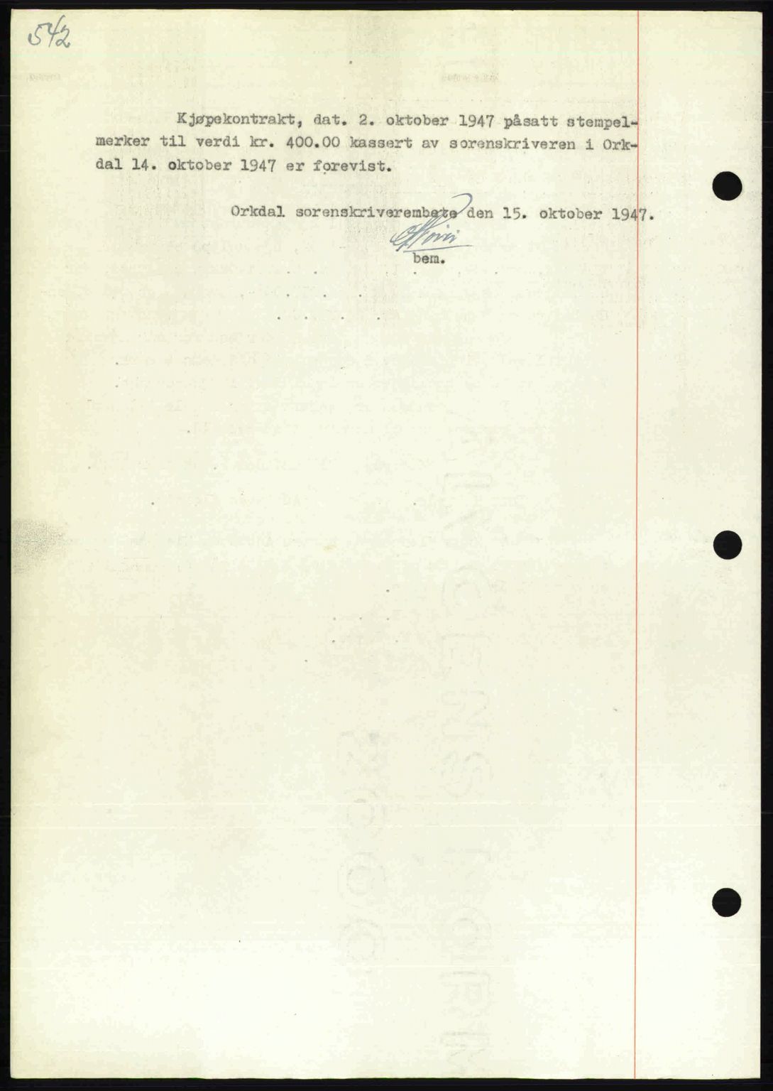 Orkdal sorenskriveri, SAT/A-4169/1/2/2C: Mortgage book no. A, 1947-1947, Diary no: : 1307/1947