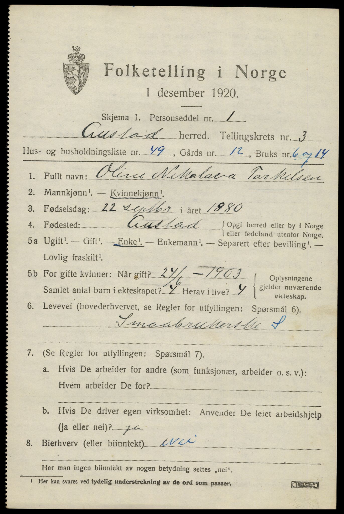 SAK, 1920 census for Austad, 1920, p. 1381