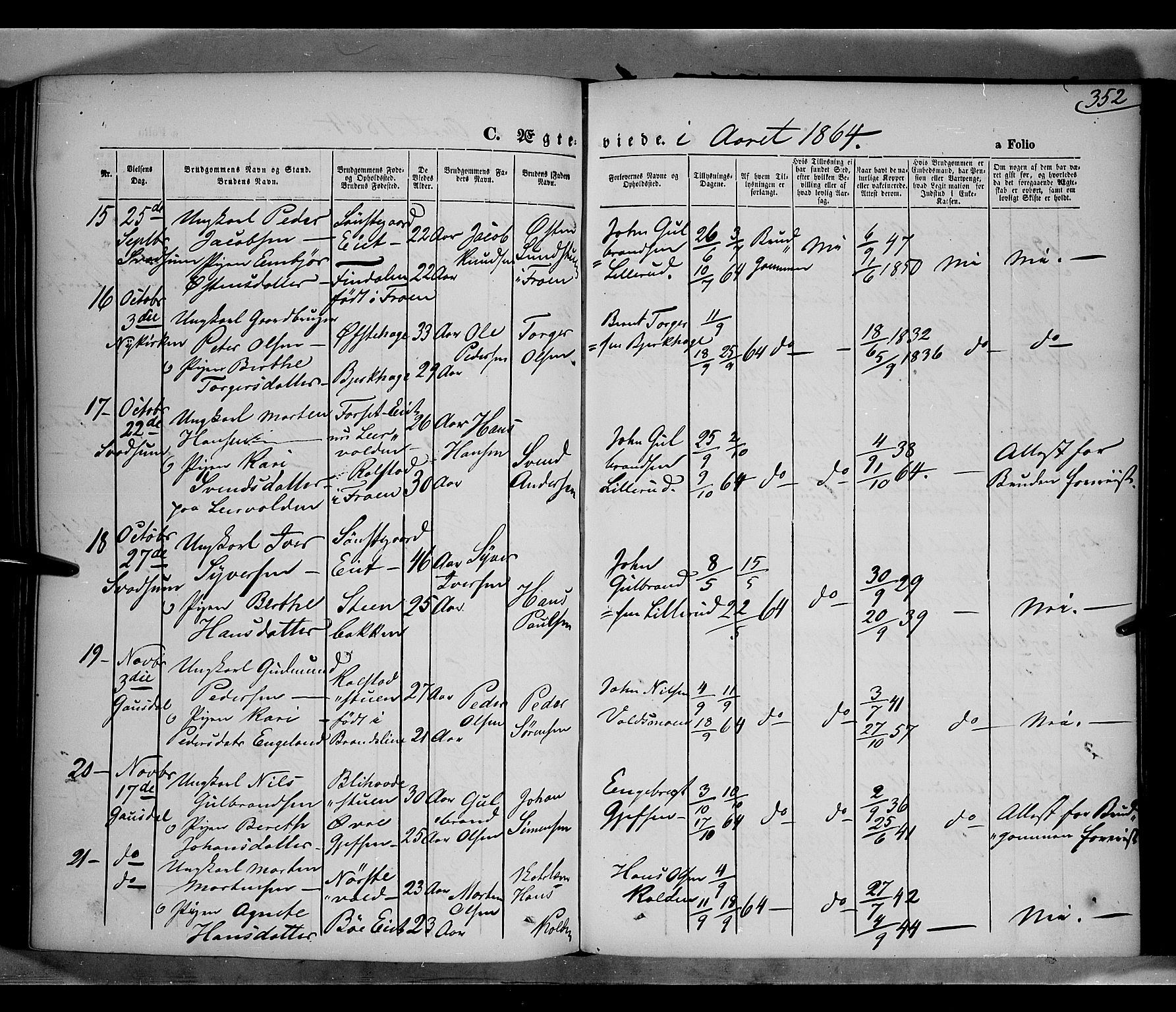 Gausdal prestekontor, SAH/PREST-090/H/Ha/Haa/L0009: Parish register (official) no. 9, 1862-1873, p. 352