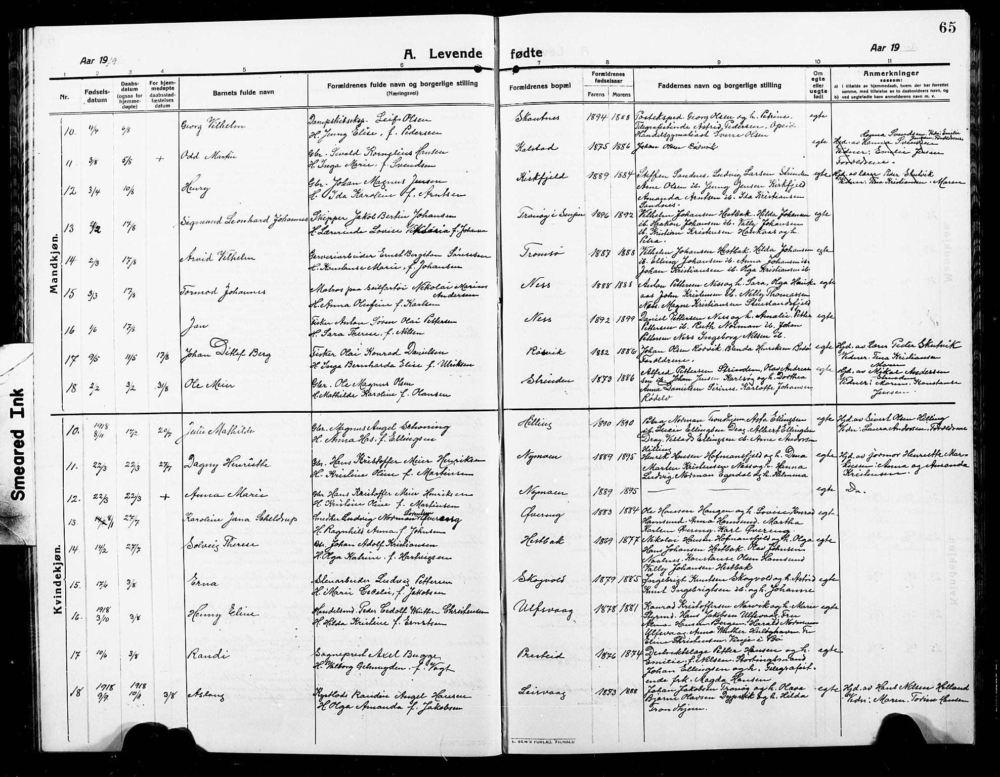 Ministerialprotokoller, klokkerbøker og fødselsregistre - Nordland, AV/SAT-A-1459/859/L0861: Parish register (copy) no. 859C07, 1910-1925, p. 65