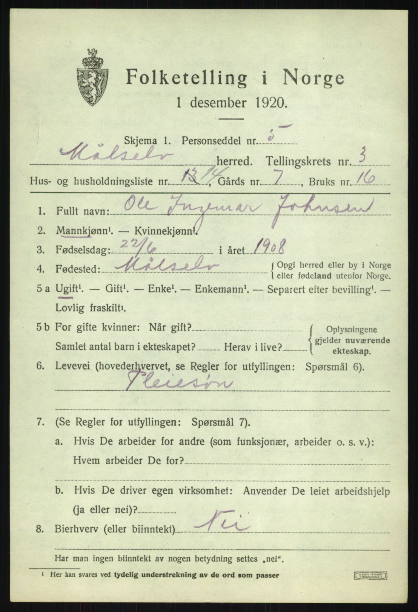 SATØ, 1920 census for Målselv, 1920, p. 2425