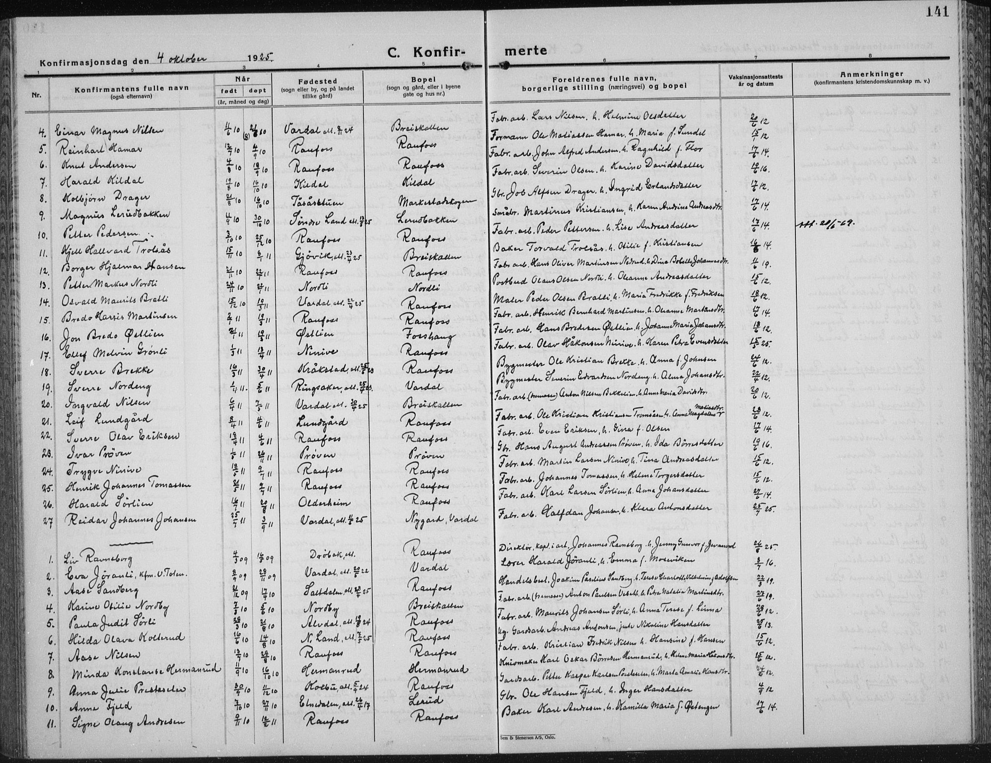 Vestre Toten prestekontor, SAH/PREST-108/H/Ha/Hab/L0018: Parish register (copy) no. 18, 1928-1941, p. 141