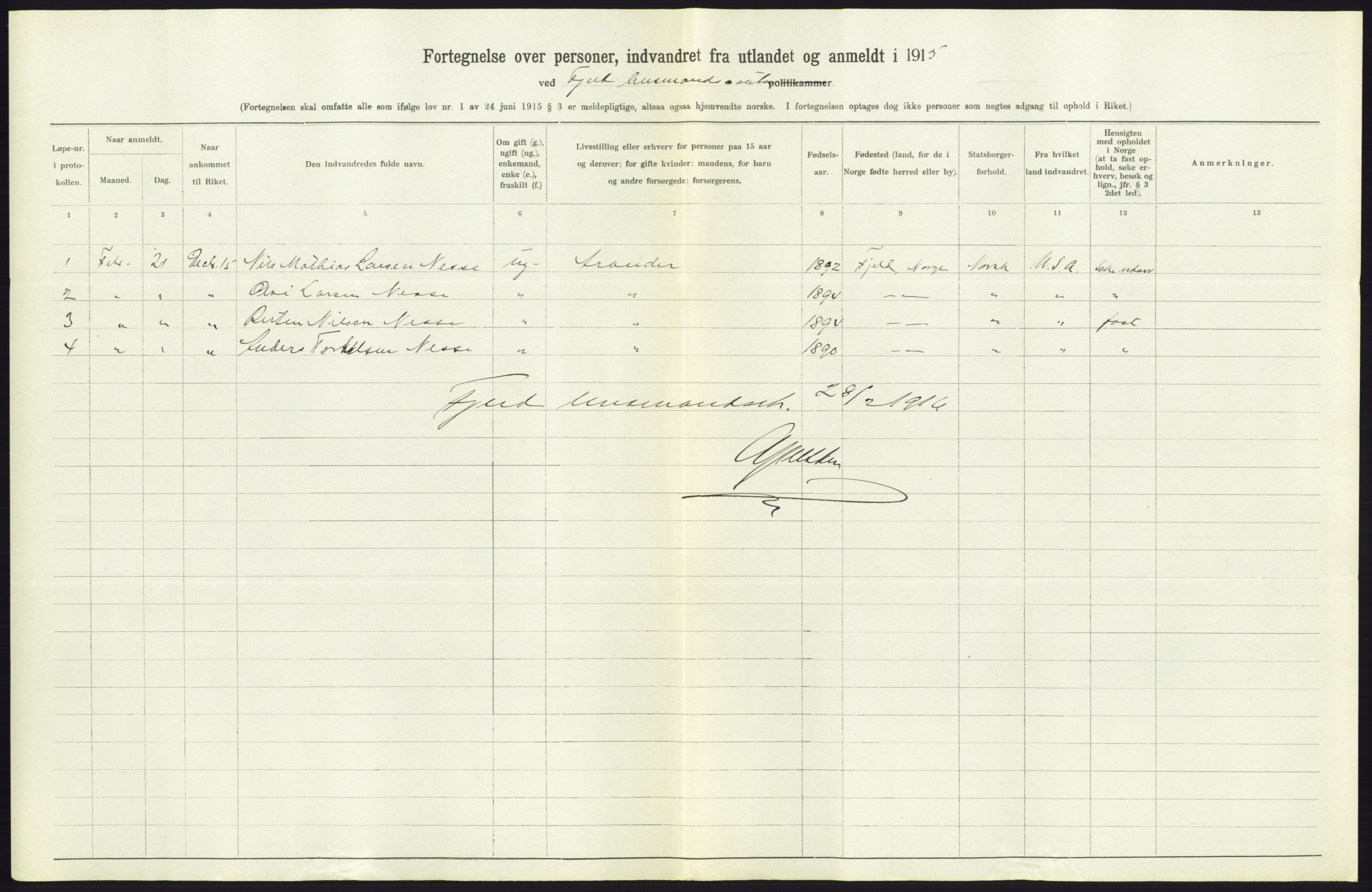 Statistisk sentralbyrå, Sosioøkonomiske emner, Folketellinger, boliger og boforhold, AV/RA-S-2231/F/Fa/L0001: Innvandring. Navn/fylkesvis, 1915, p. 422