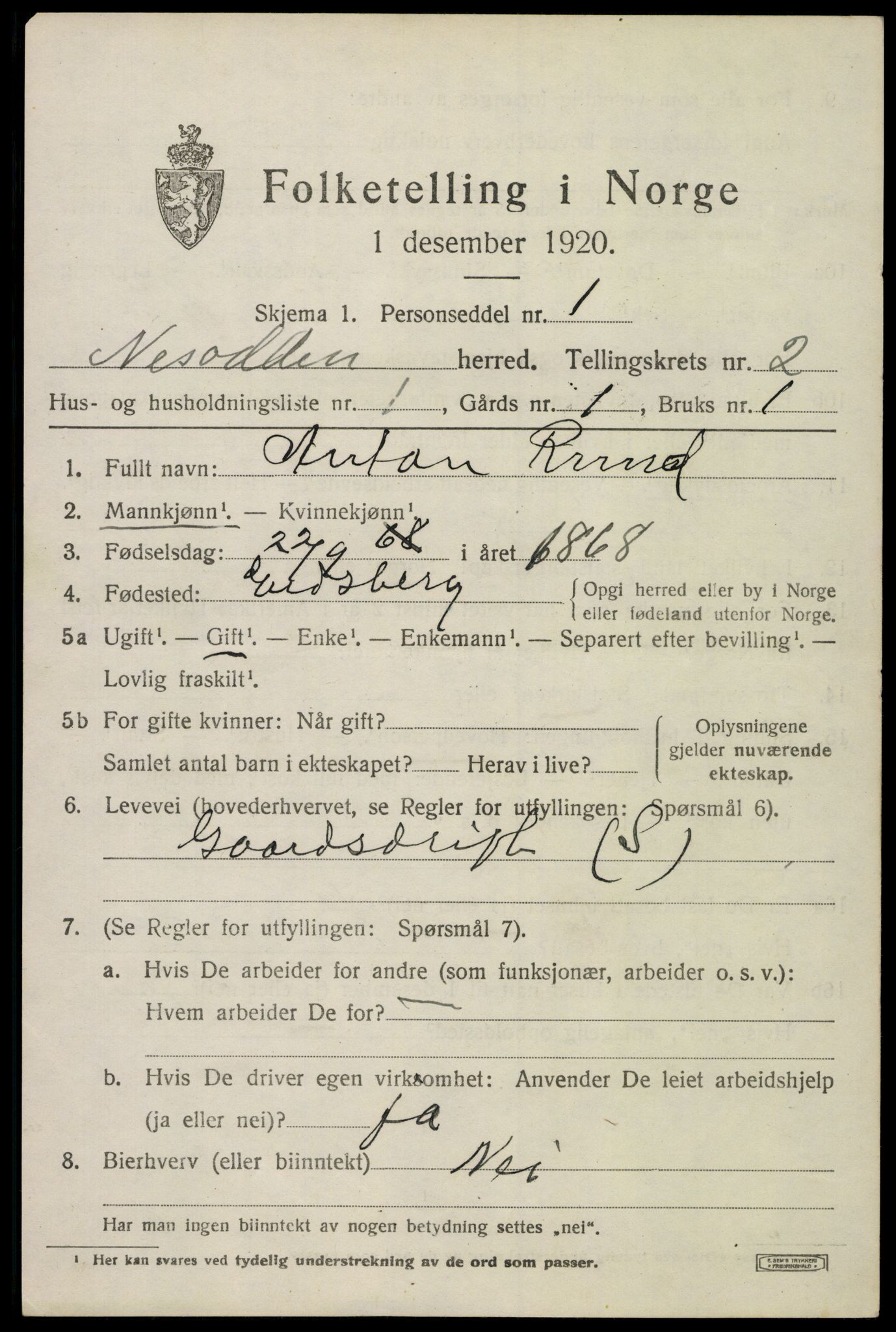 SAO, 1920 census for Nesodden, 1920, p. 2391