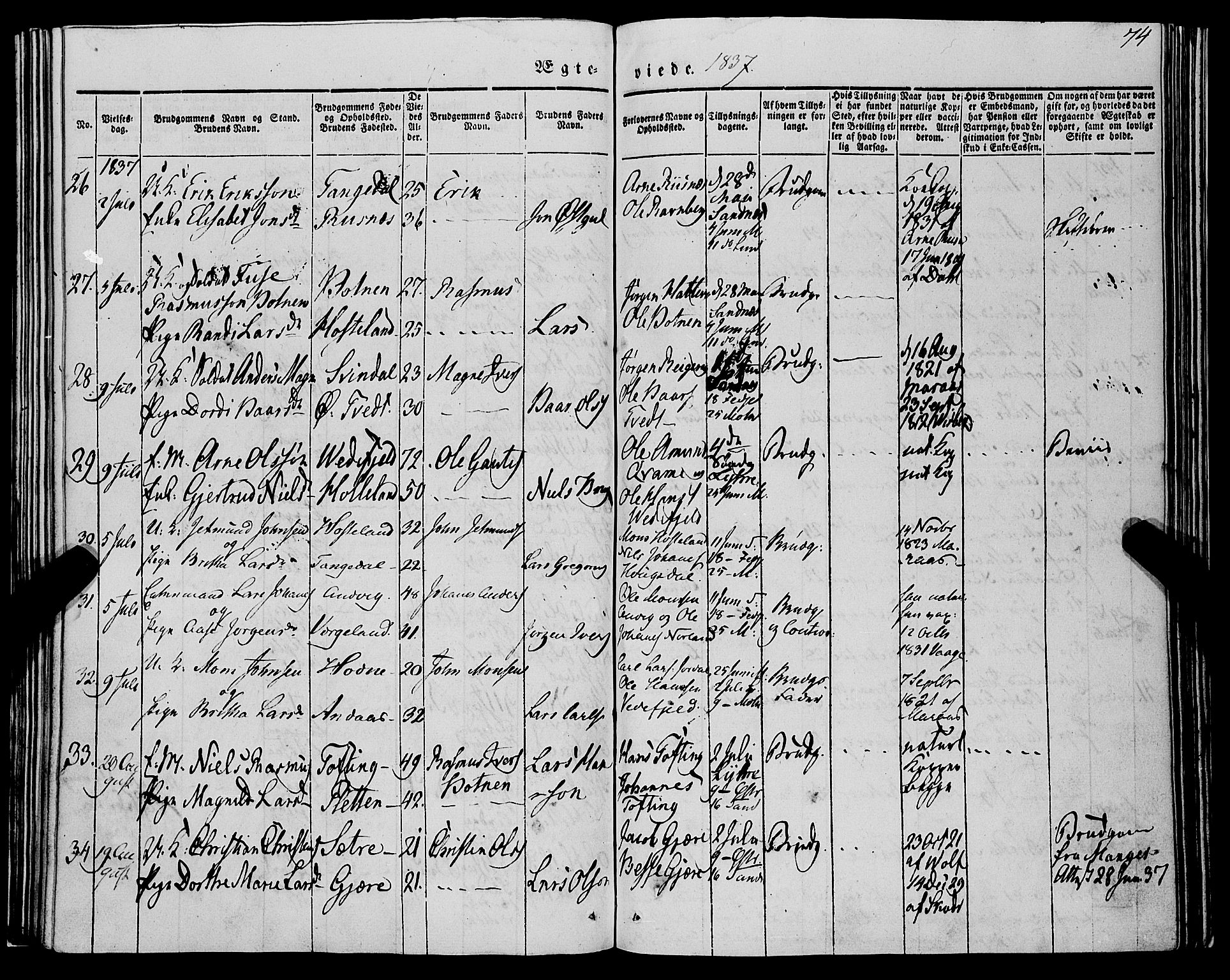 Lindås Sokneprestembete, SAB/A-76701/H/Haa: Parish register (official) no. A 12, 1836-1848, p. 74
