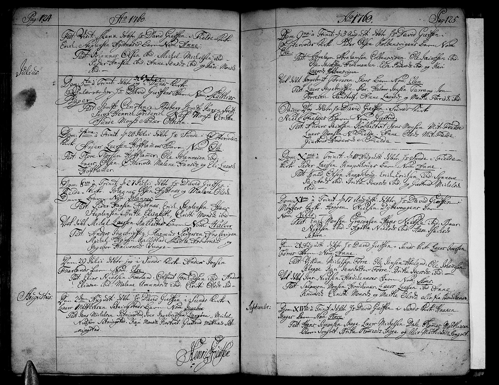 Sund sokneprestembete, AV/SAB-A-99930: Parish register (official) no. A 4, 1748-1769, p. 124-125