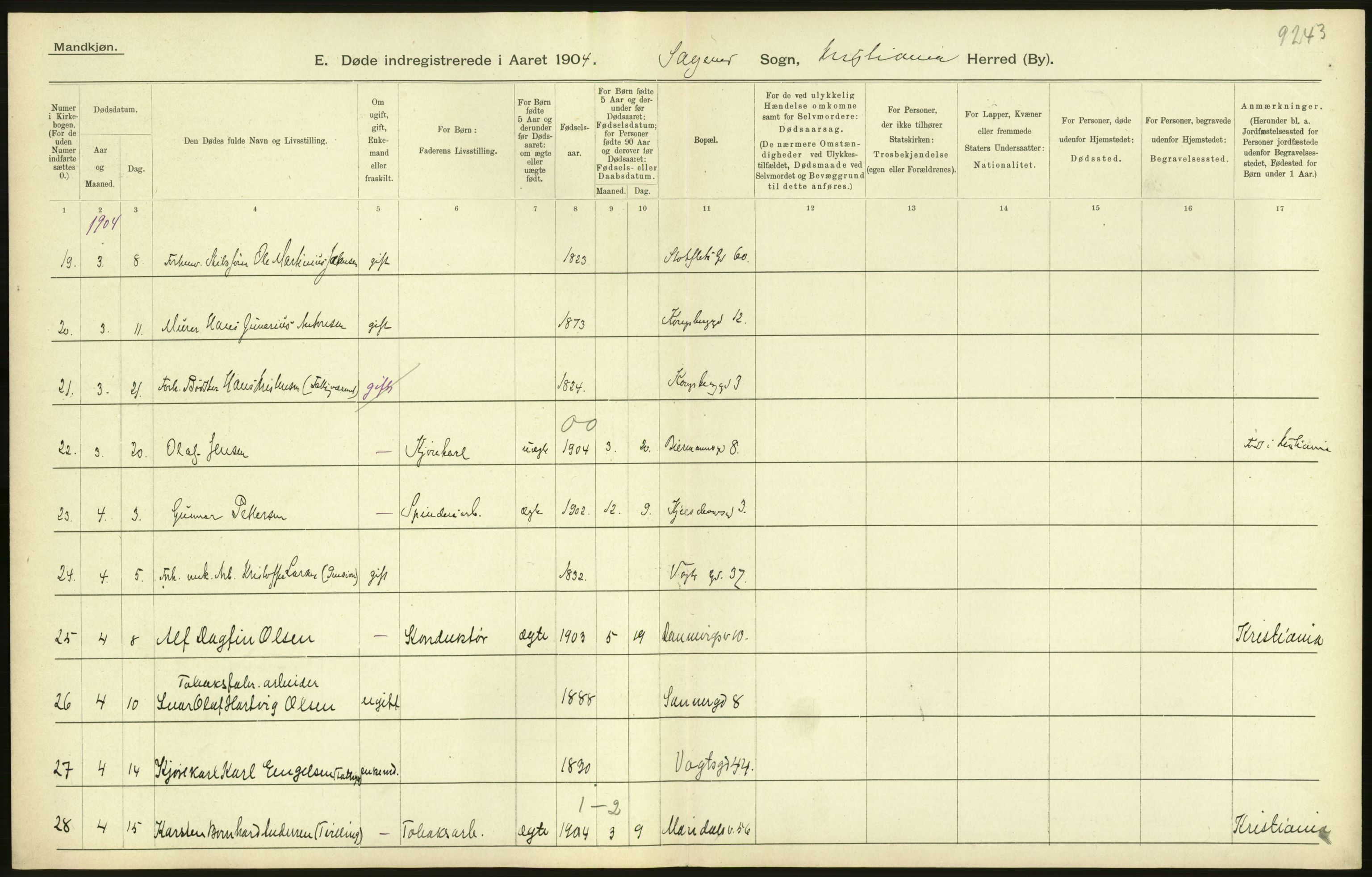 Statistisk sentralbyrå, Sosiodemografiske emner, Befolkning, AV/RA-S-2228/D/Df/Dfa/Dfab/L0004: Kristiania: Gifte, døde, 1904, p. 574