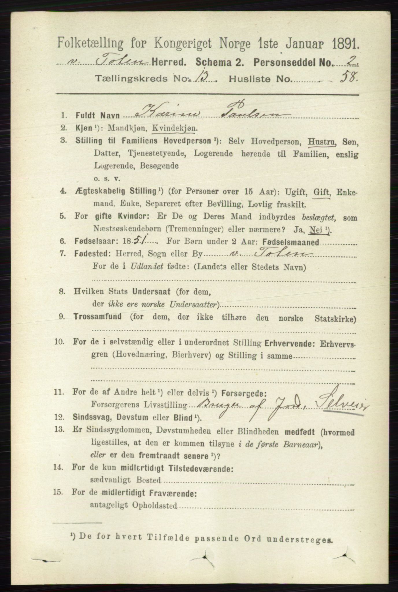RA, 1891 census for 0529 Vestre Toten, 1891, p. 8112