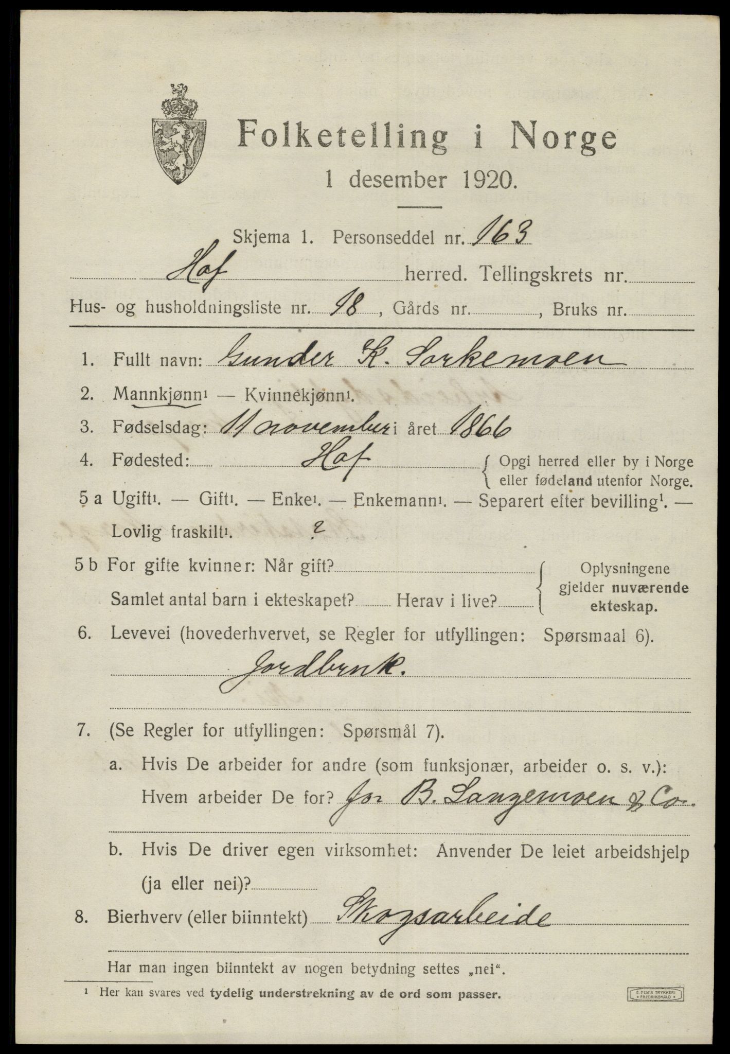 SAH, 1920 census for Hof, 1920, p. 7887