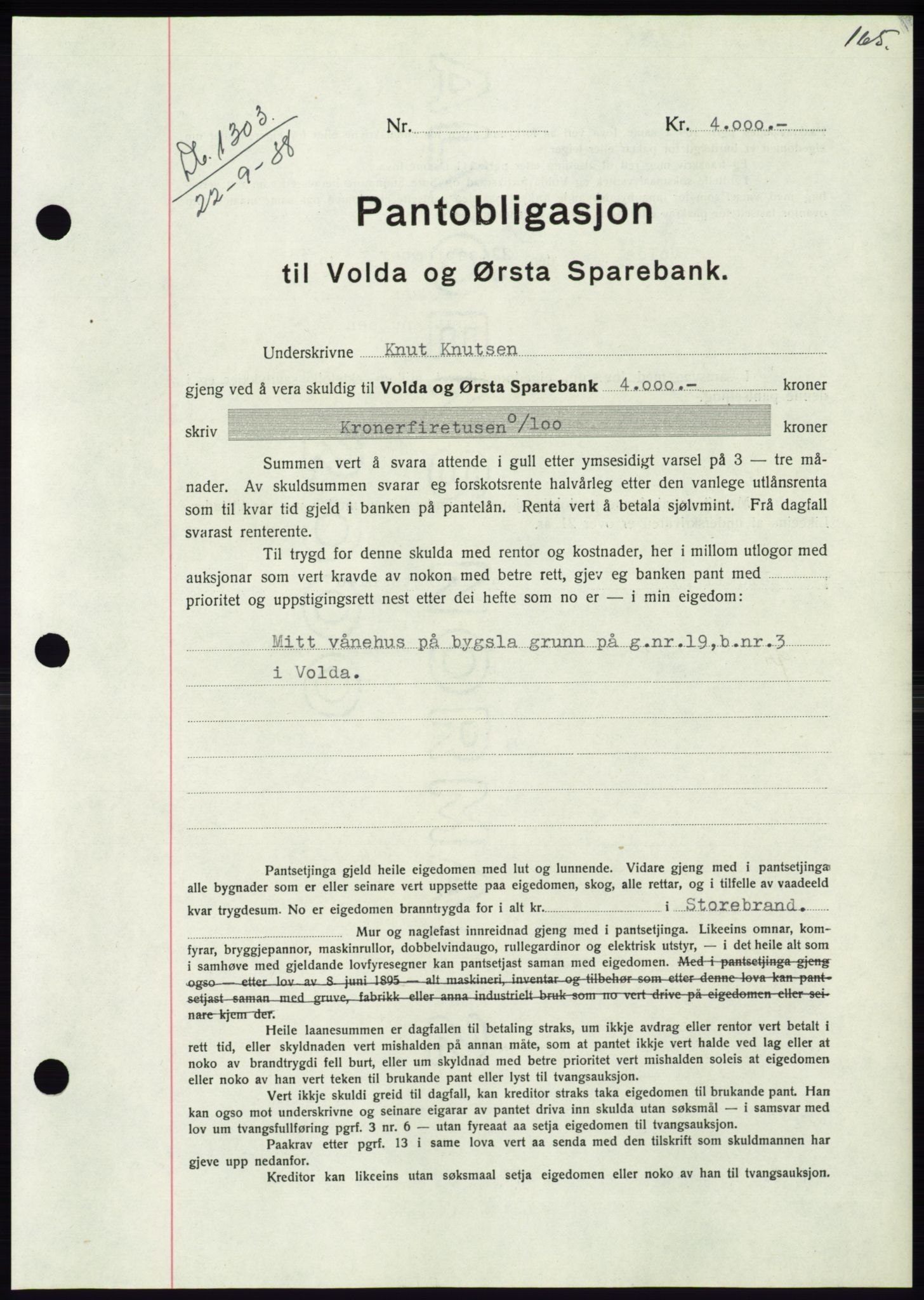 Søre Sunnmøre sorenskriveri, AV/SAT-A-4122/1/2/2C/L0066: Mortgage book no. 60, 1938-1938, Diary no: : 1303/1938