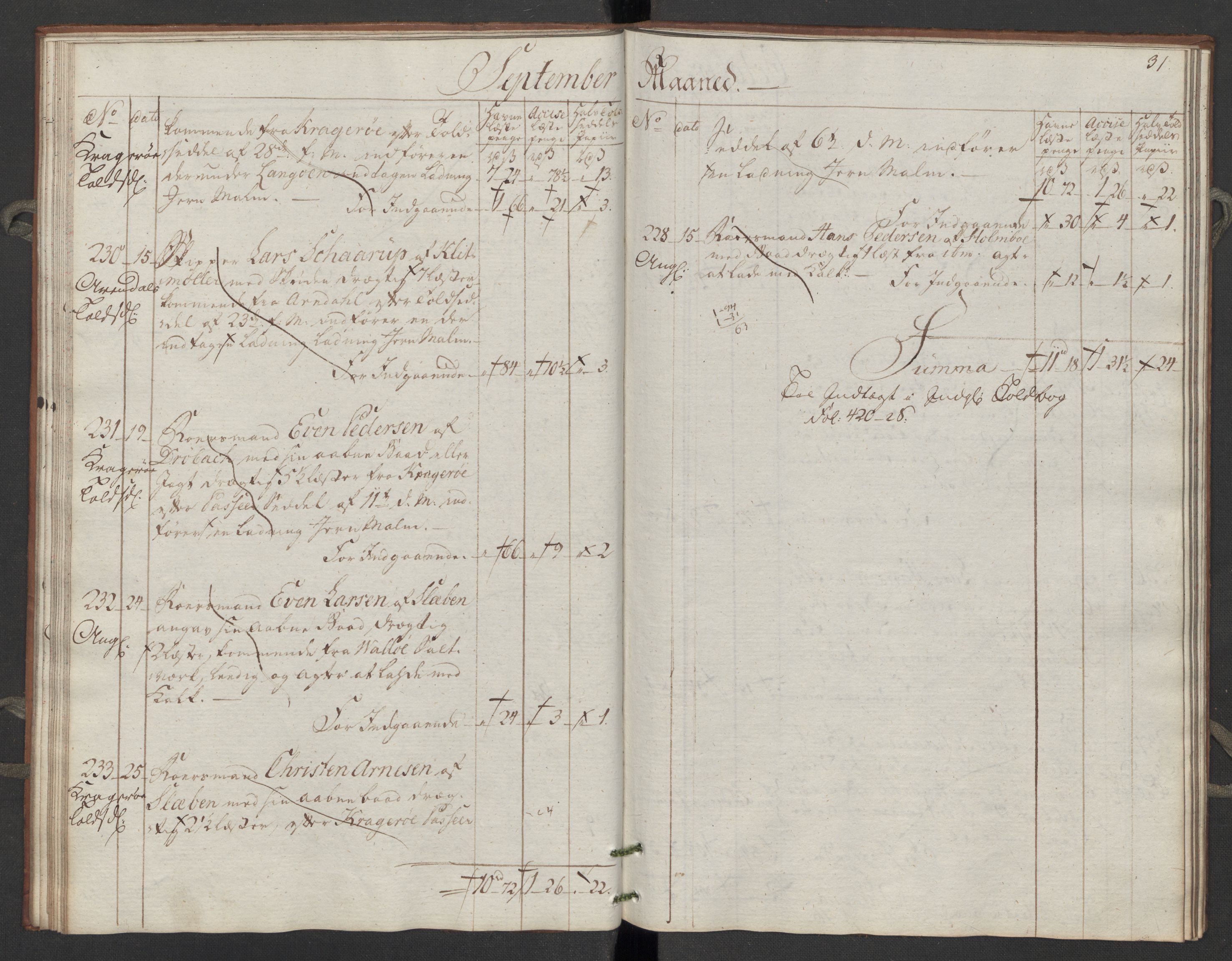 Generaltollkammeret, tollregnskaper, AV/RA-EA-5490/R06/L0195/0002: Tollregnskaper Kristiania / Inngående tollbok Slependen, 1794, p. 30b-31a