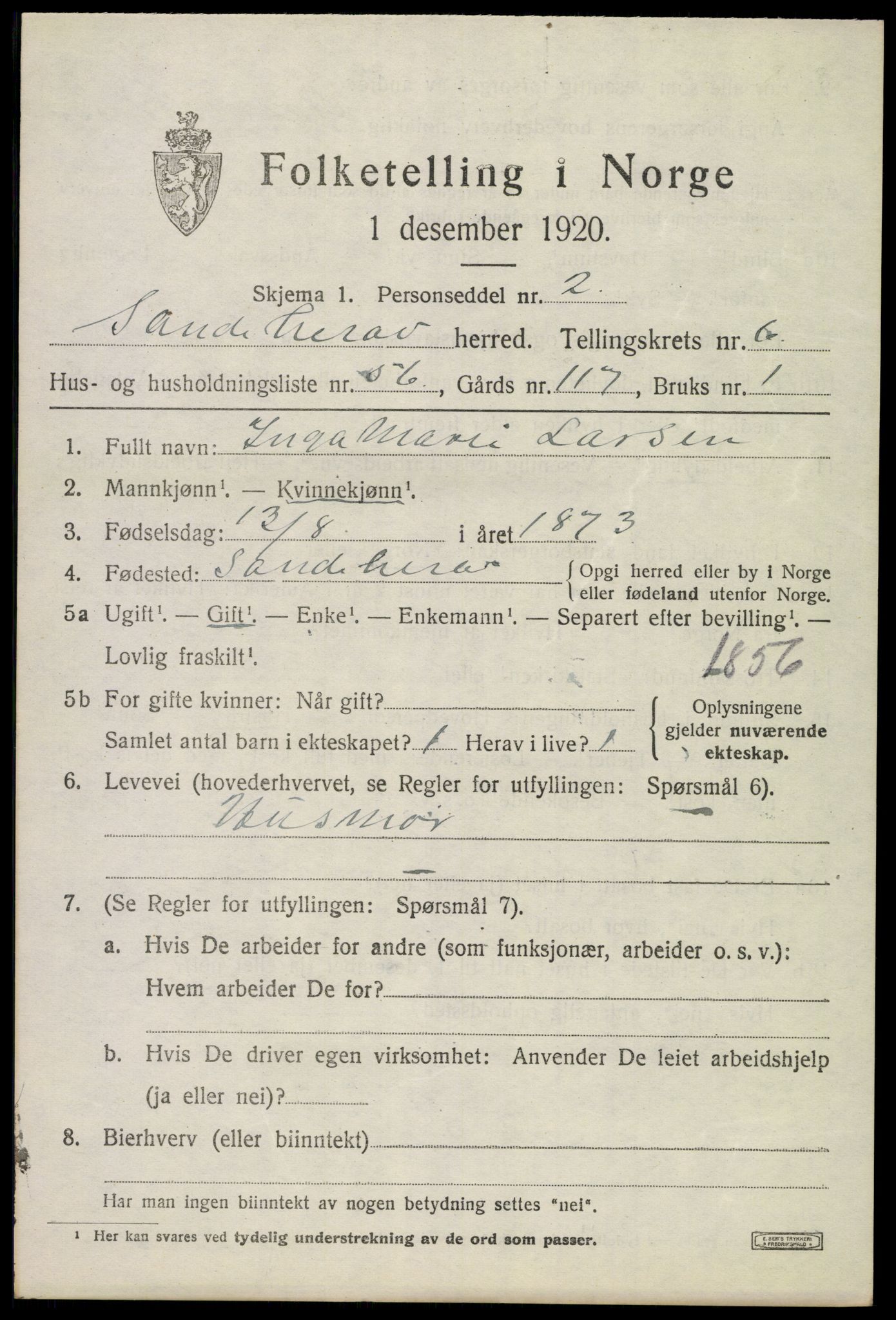 SAKO, 1920 census for Sandeherred, 1920, p. 10324