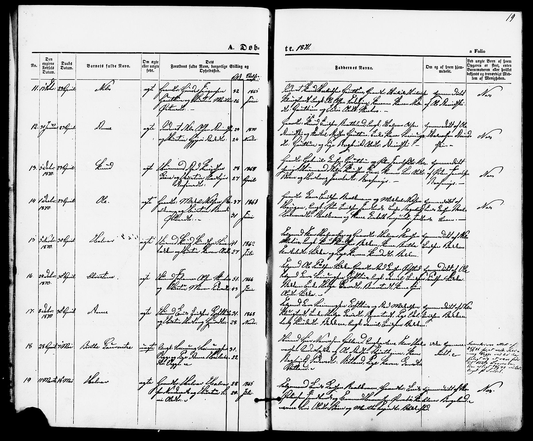 Suldal sokneprestkontor, SAST/A-101845/01/IV/L0010: Parish register (official) no. A 10, 1869-1878, p. 19
