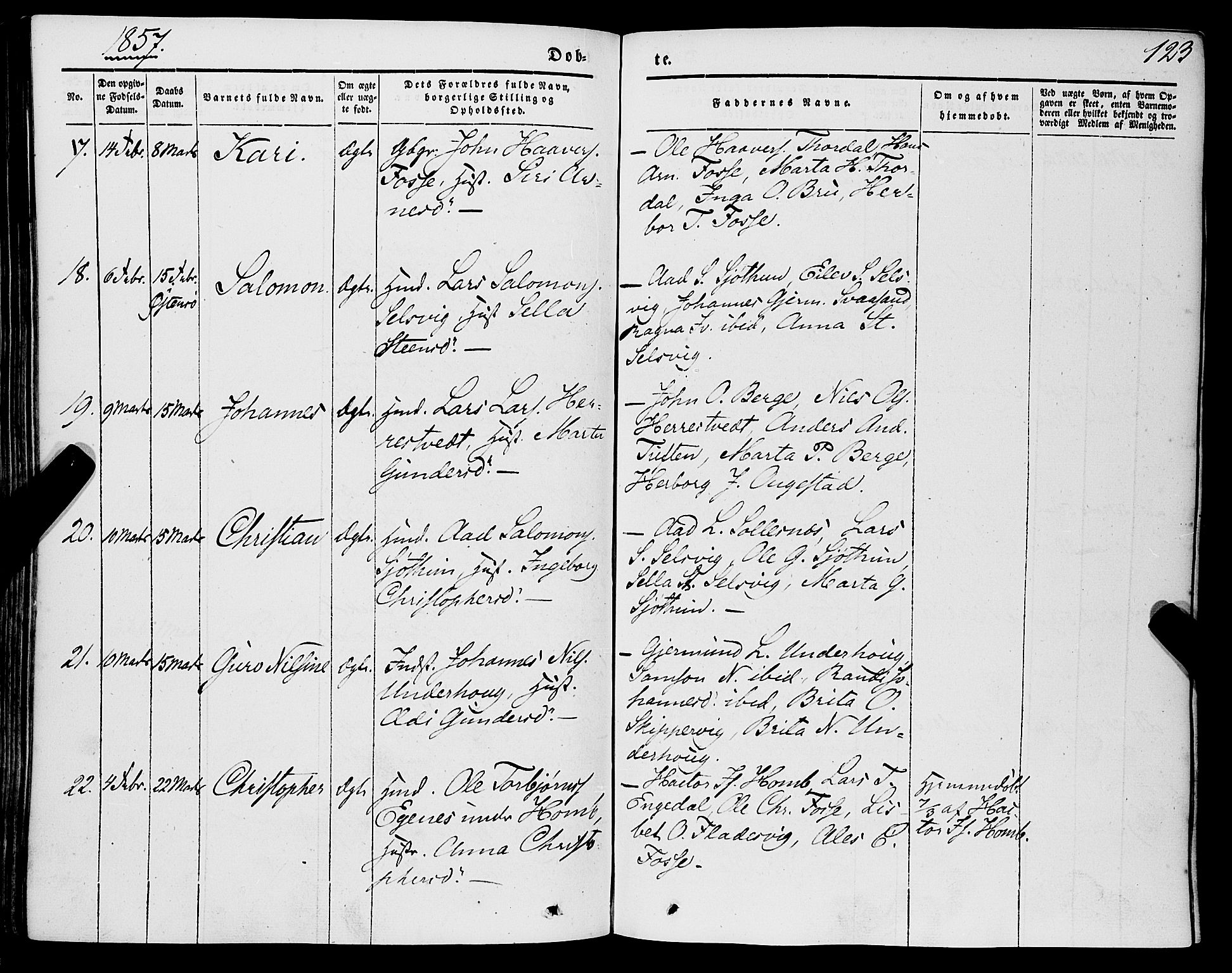 Strandebarm sokneprestembete, SAB/A-78401/H/Haa: Parish register (official) no. A 7, 1844-1872, p. 123