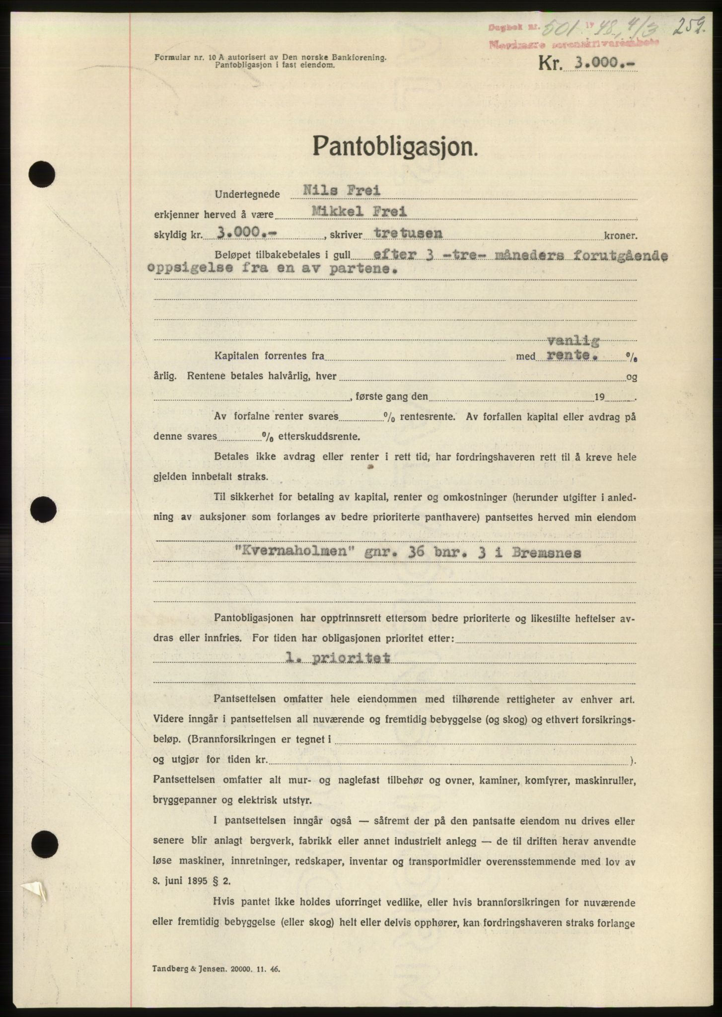 Nordmøre sorenskriveri, AV/SAT-A-4132/1/2/2Ca: Mortgage book no. B98, 1948-1948, Diary no: : 501/1948