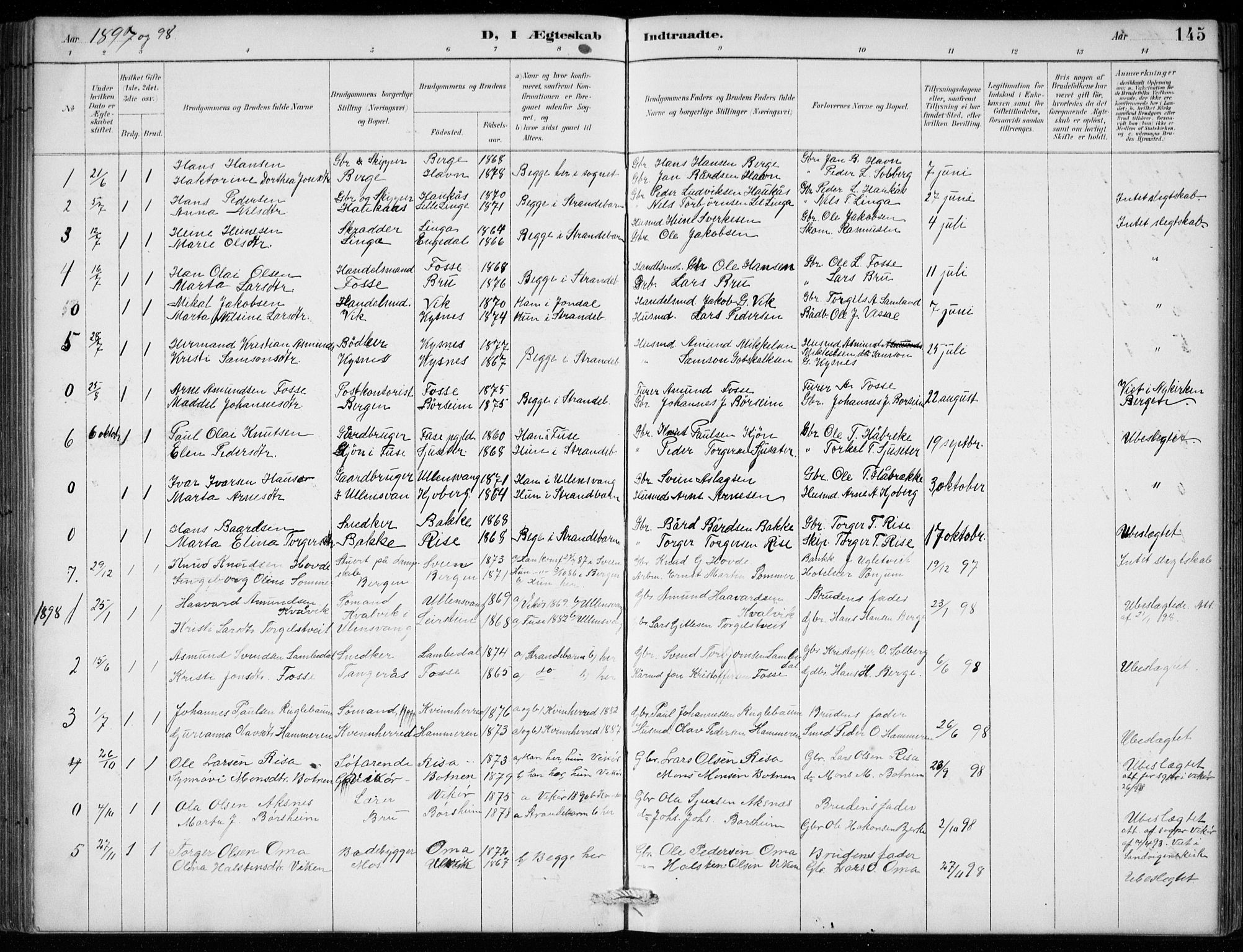 Strandebarm sokneprestembete, AV/SAB-A-78401/H/Hab: Parish register (copy) no. B  1, 1891-1914, p. 145