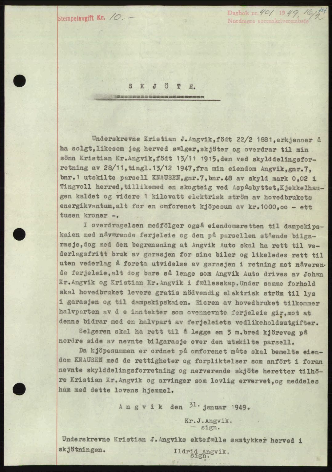 Nordmøre sorenskriveri, AV/SAT-A-4132/1/2/2Ca: Mortgage book no. A110, 1948-1949, Diary no: : 401/1949