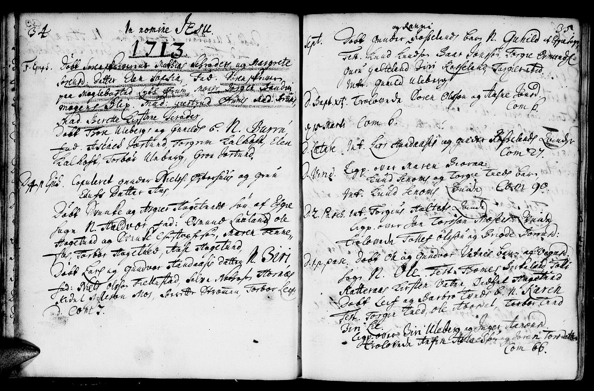 Evje sokneprestkontor, AV/SAK-1111-0008/F/Fa/Fab/L0001: Parish register (official) no. A 1, 1704-1764, p. 34-35