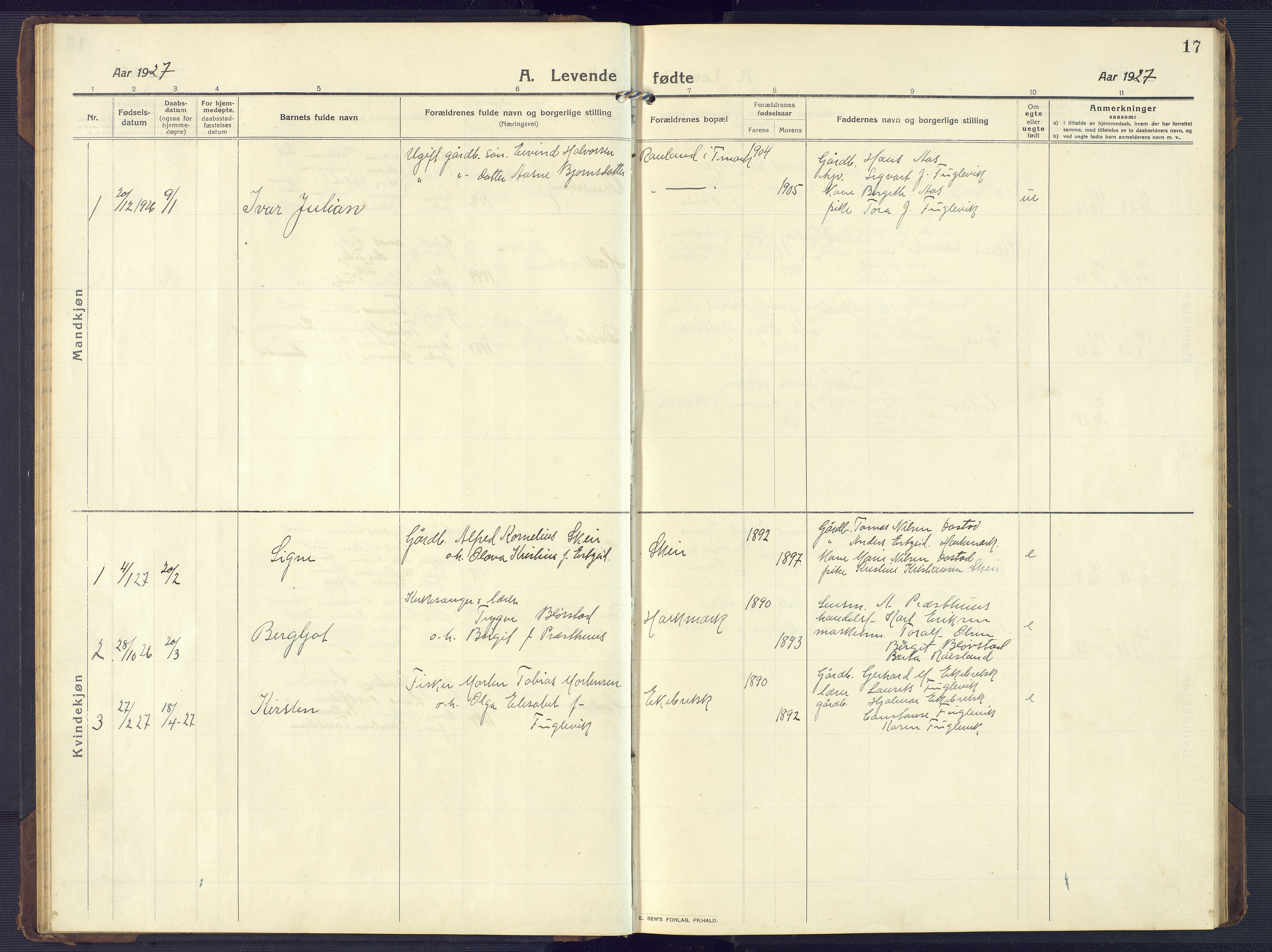 Mandal sokneprestkontor, AV/SAK-1111-0030/F/Fb/Fbb/L0005: Parish register (copy) no. B 5, 1913-1957, p. 17