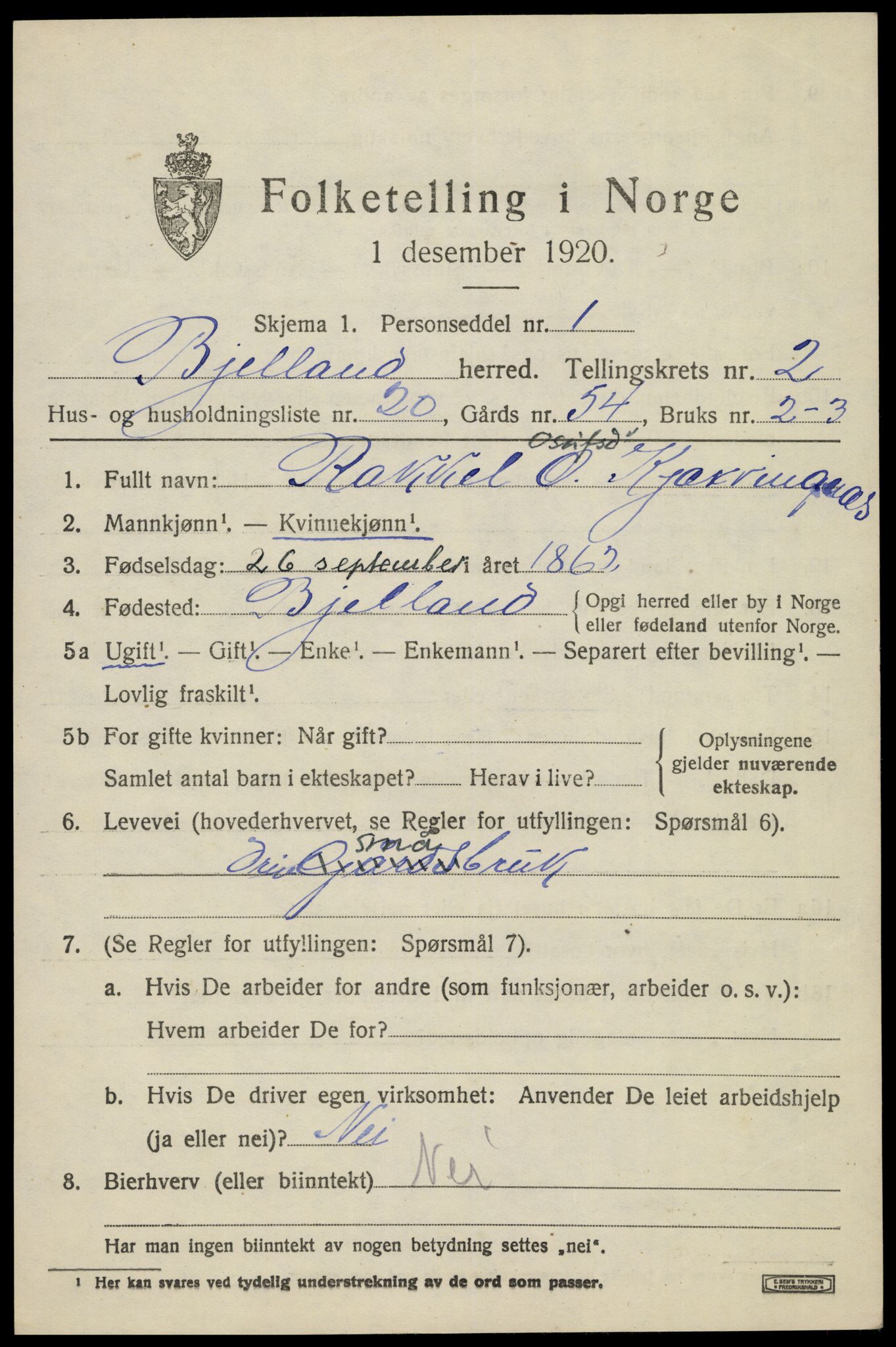 SAK, 1920 census for Bjelland, 1920, p. 945