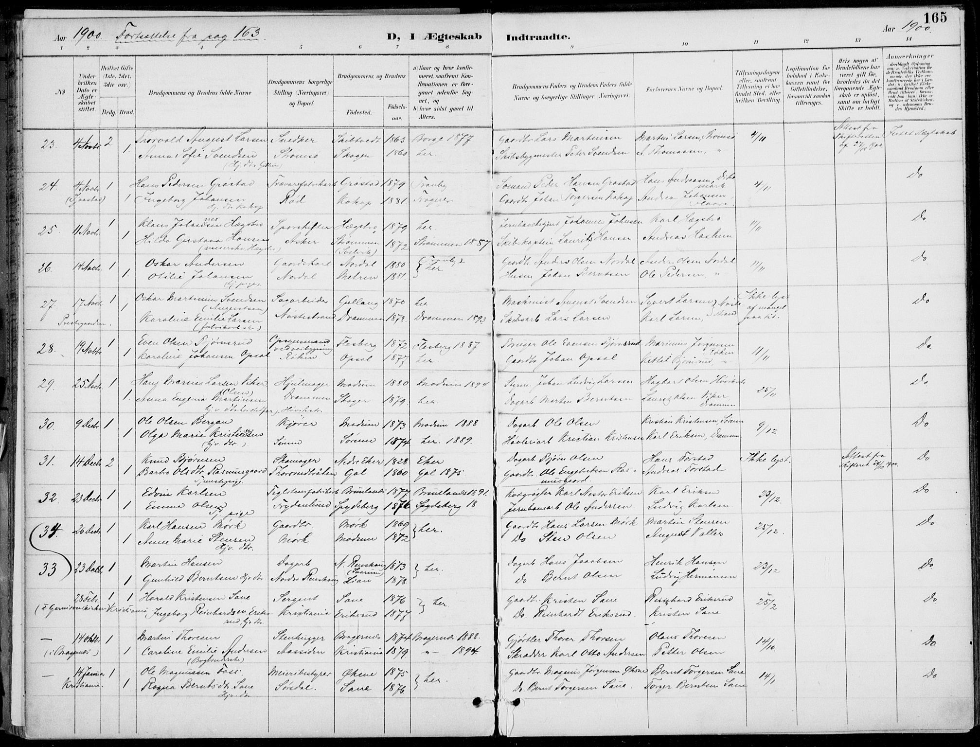 Lier kirkebøker, AV/SAKO-A-230/F/Fa/L0016: Parish register (official) no. I 16, 1895-1900, p. 165