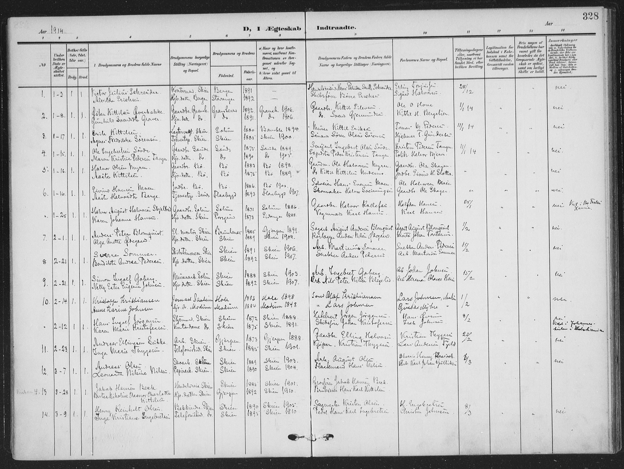 Skien kirkebøker, SAKO/A-302/F/Fa/L0012: Parish register (official) no. 12, 1908-1914, p. 328
