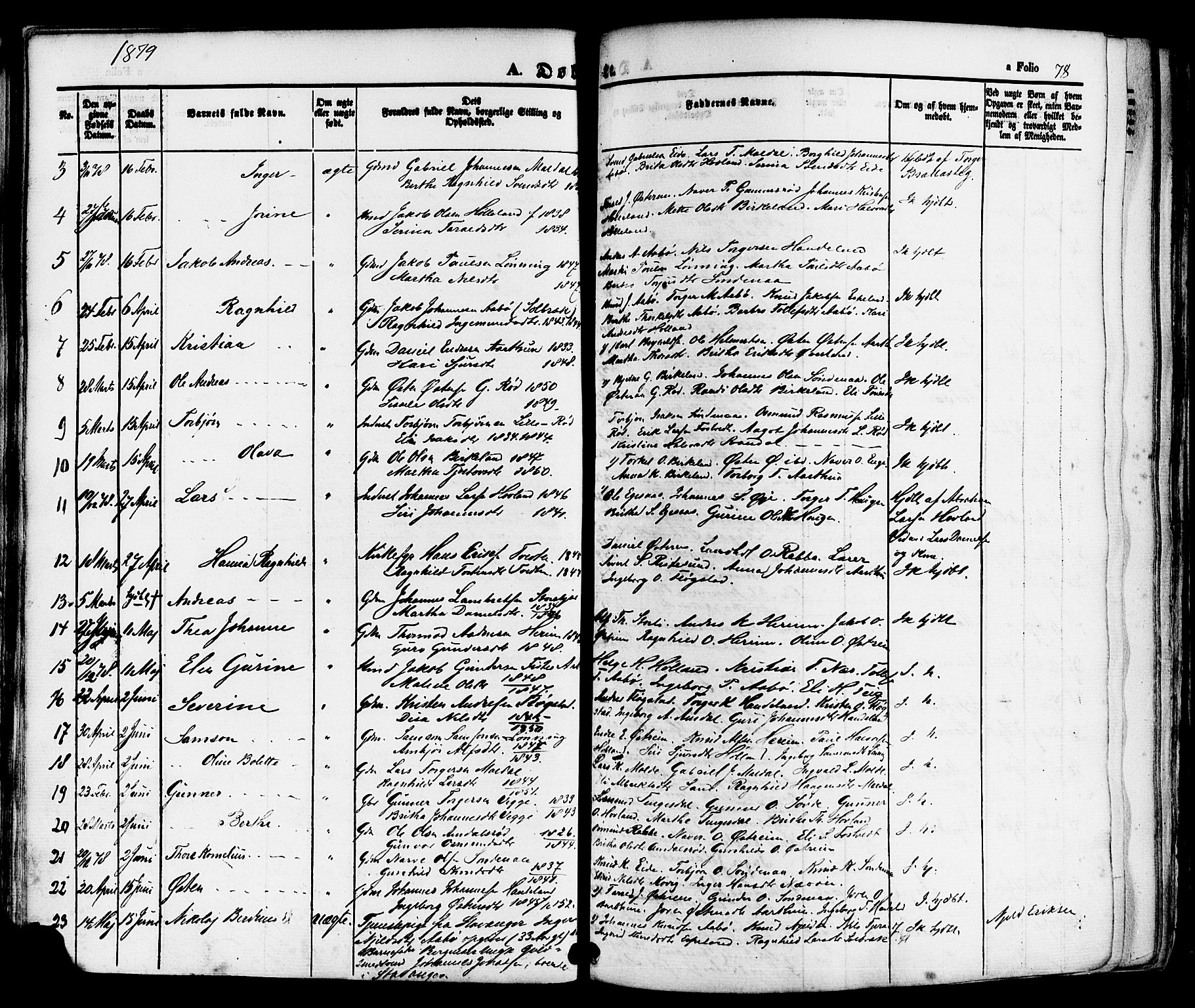 Sand sokneprestkontor, AV/SAST-A-101848/01/III/L0004: Parish register (official) no. A 4, 1859-1880, p. 78