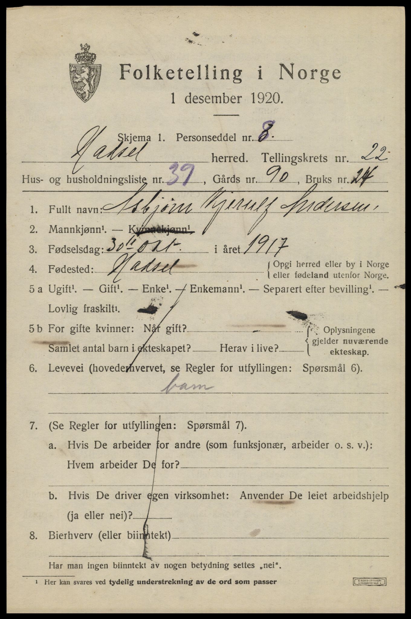 SAT, 1920 census for Hadsel, 1920, p. 20490