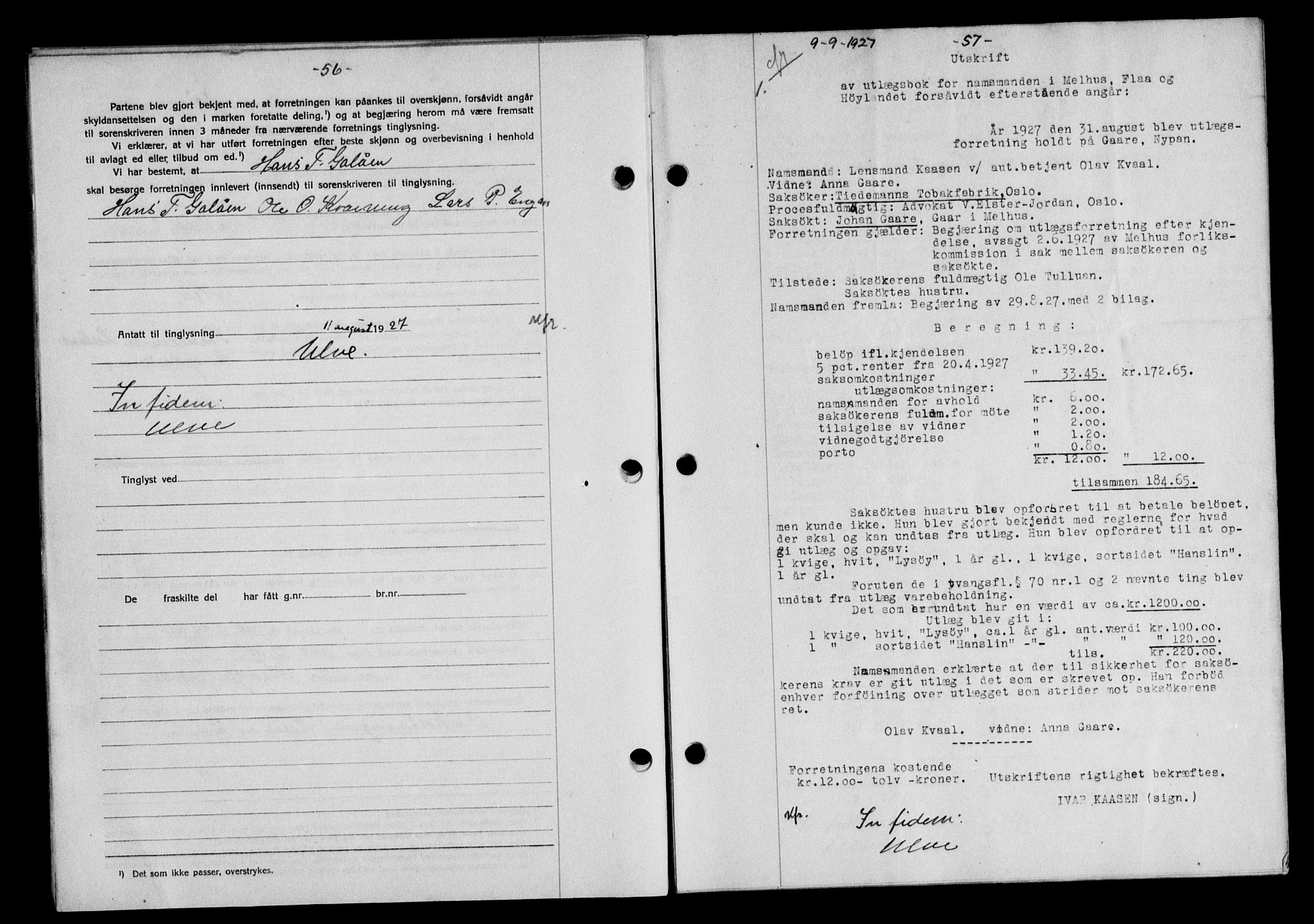 Gauldal sorenskriveri, SAT/A-0014/1/2/2C/L0036: Mortgage book no. 37, 1927-1928, Deed date: 09.09.1927