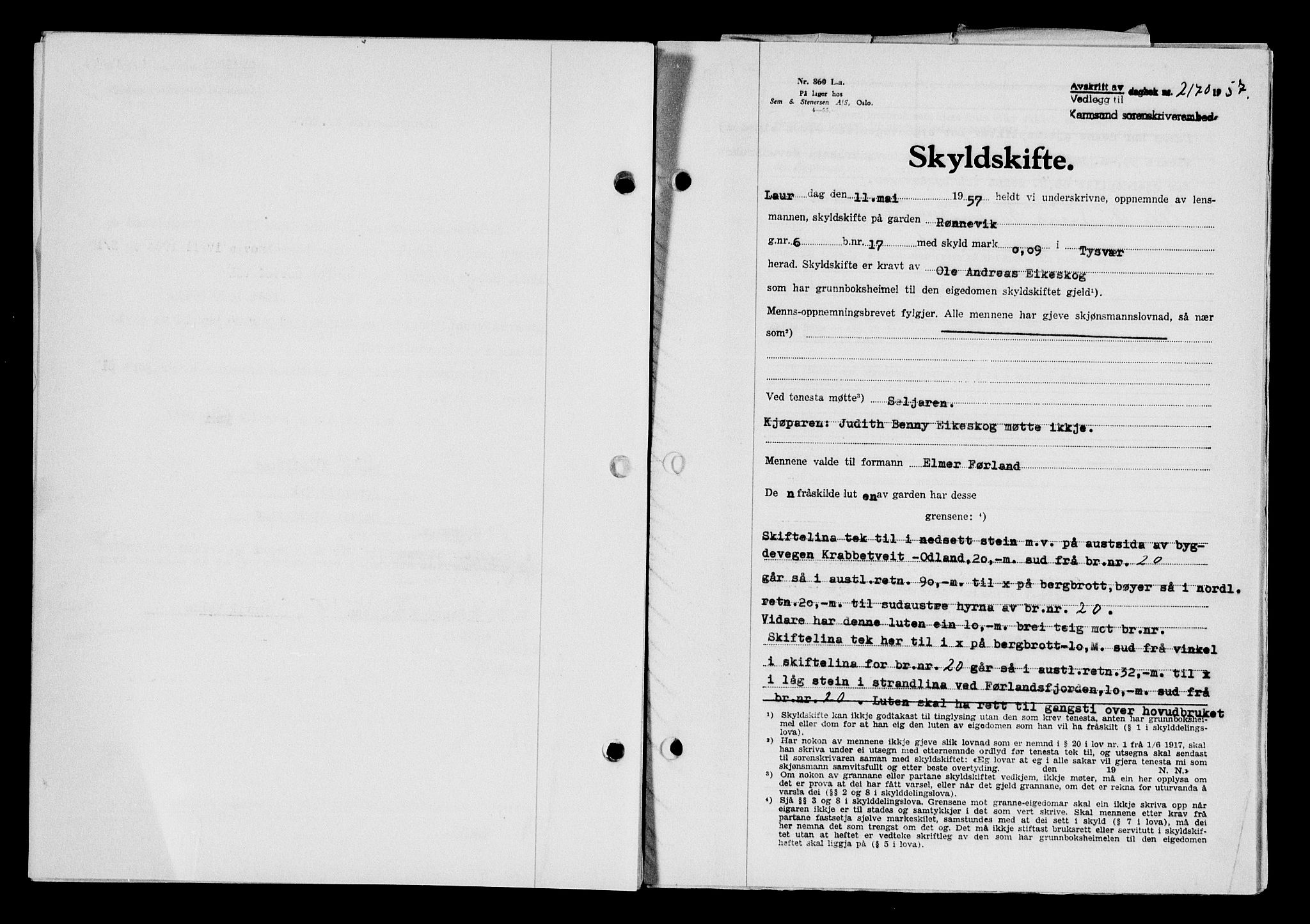 Karmsund sorenskriveri, AV/SAST-A-100311/01/II/IIB/L0125: Mortgage book no. 105A, 1957-1957, Diary no: : 2170/1957