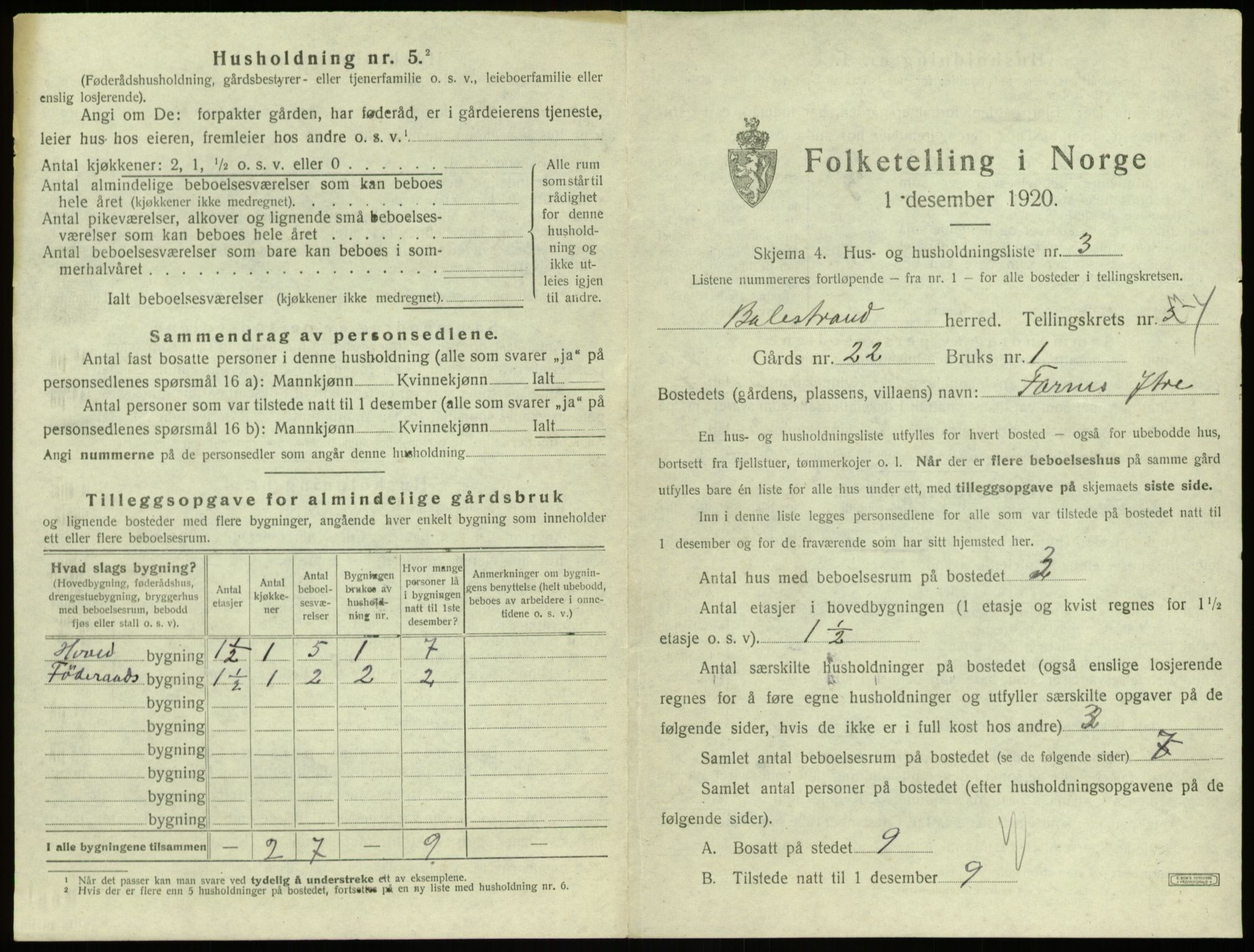 SAB, 1920 census for Balestrand, 1920, p. 286