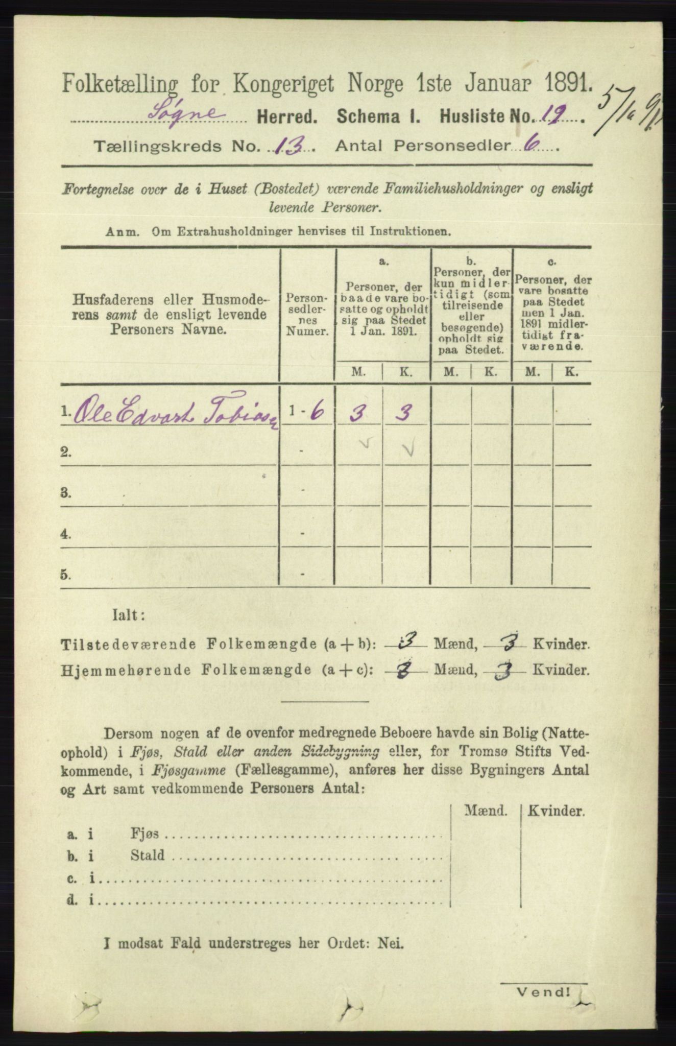 RA, 1891 census for 1018 Søgne, 1891, p. 3209