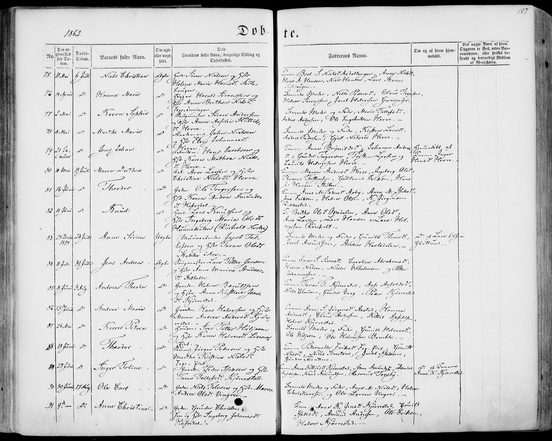 Bamble kirkebøker, AV/SAKO-A-253/F/Fa/L0005: Parish register (official) no. I 5, 1854-1869, p. 107