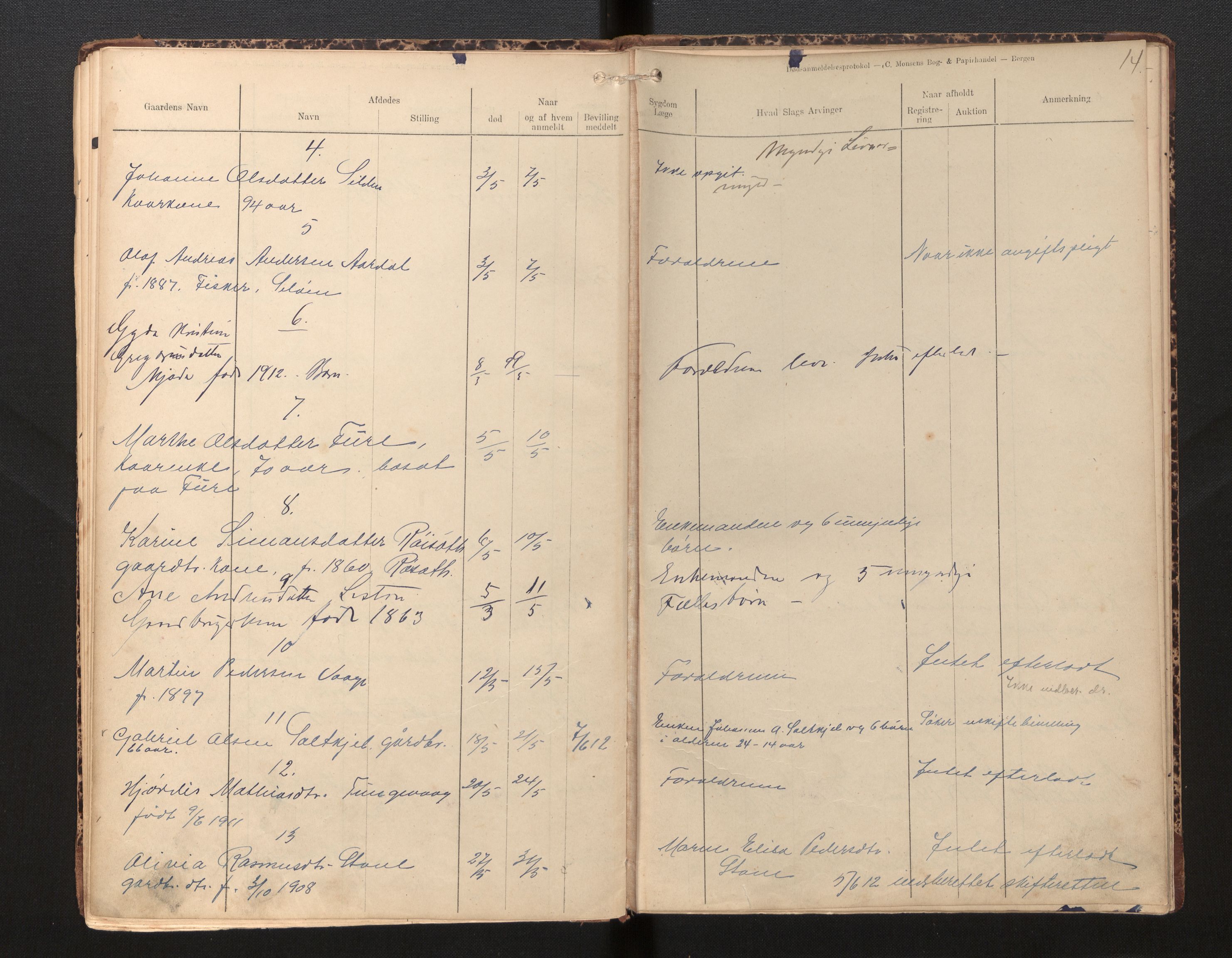 Lensmannen i Selje, AV/SAB-A-29701/0006/L0006: Dødsfallprotokoll, 1910-1916, p. 14
