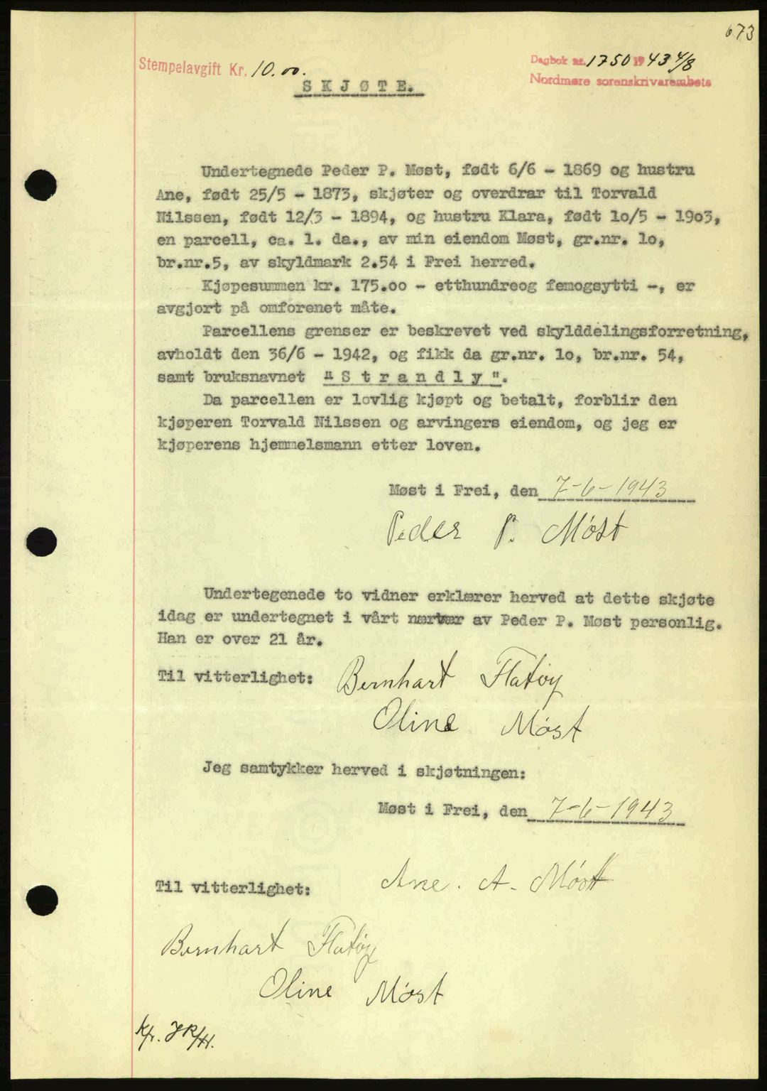 Nordmøre sorenskriveri, AV/SAT-A-4132/1/2/2Ca: Mortgage book no. A95, 1943-1943, Diary no: : 1750/1943