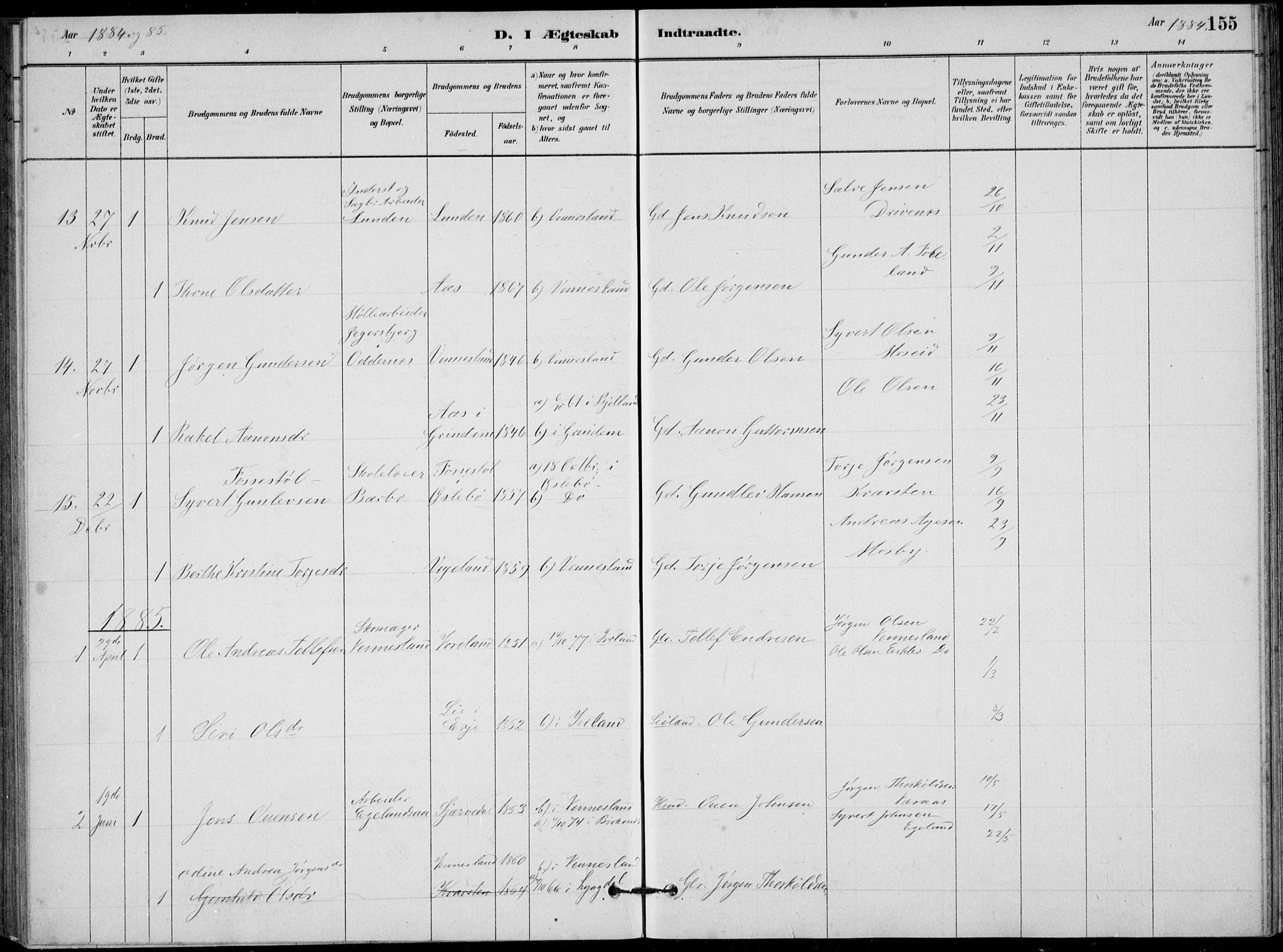 Vennesla sokneprestkontor, AV/SAK-1111-0045/Fb/Fbb/L0003: Parish register (copy) no. B 3, 1879-1893, p. 155